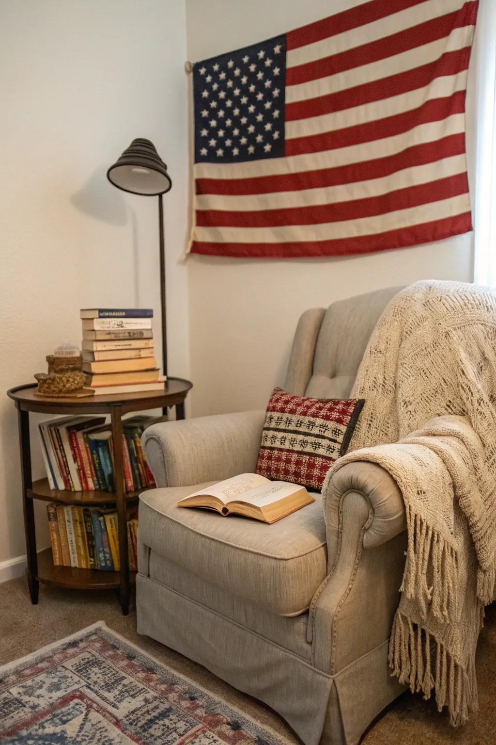 A cozy reading nook is made even more inviting with a flag accent.