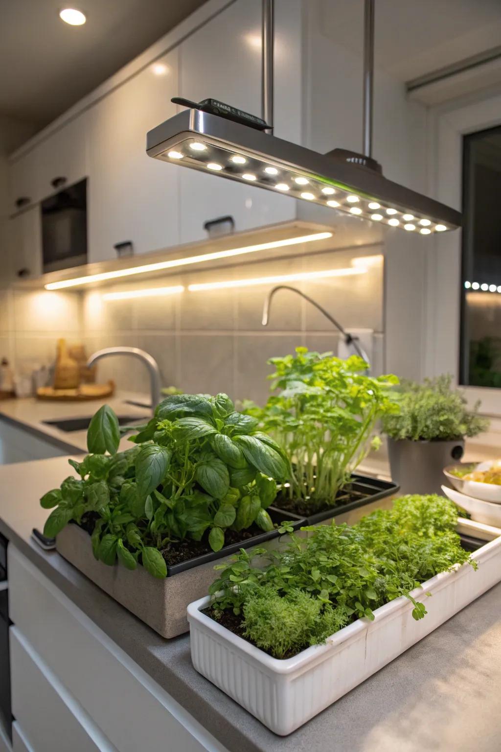 Under-cabinet grow lights enhancing a mini herb garden in the kitchen.