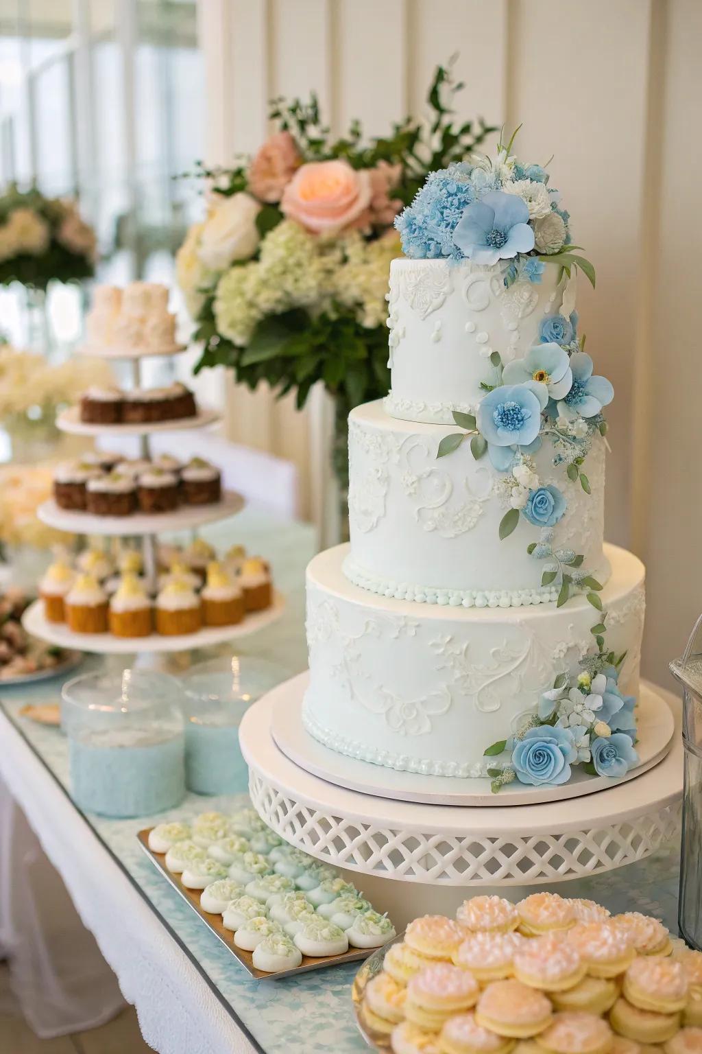 A wedding cake with blue details becomes a show-stopping centerpiece.