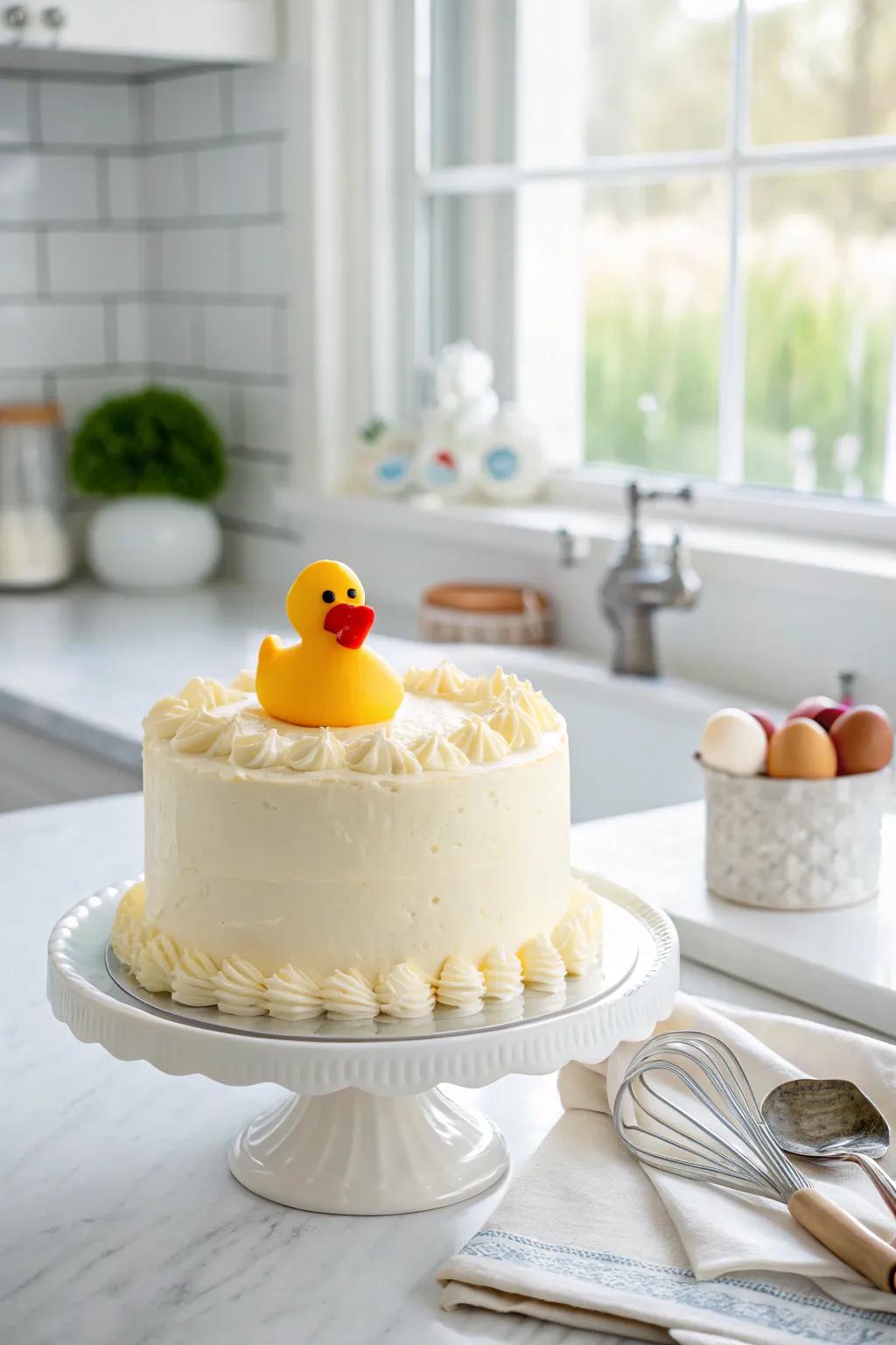 Whimsical rubber duckie cake for a playful touch.