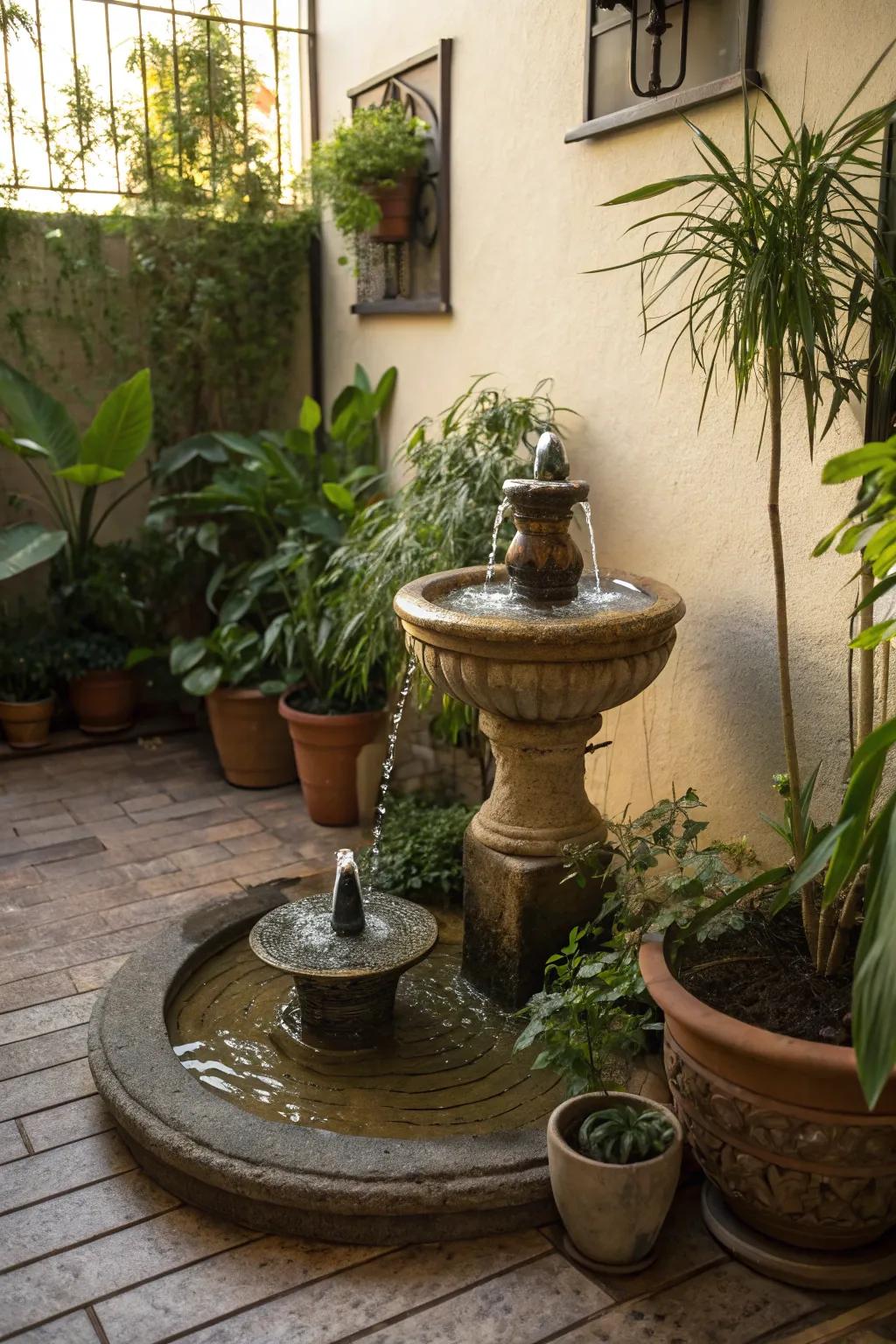 Perfect for small spaces, a self-contained fountain enhances any patio.