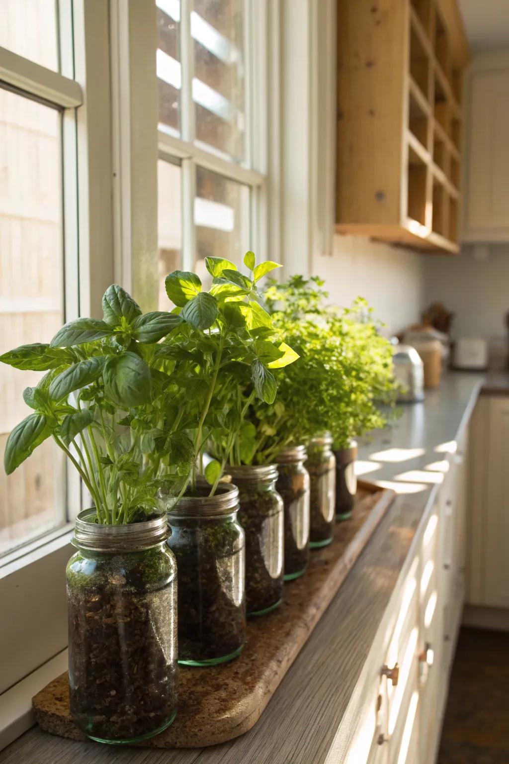 A miniature herb patch employing preserving jars maintains recent flavors conveniently.
