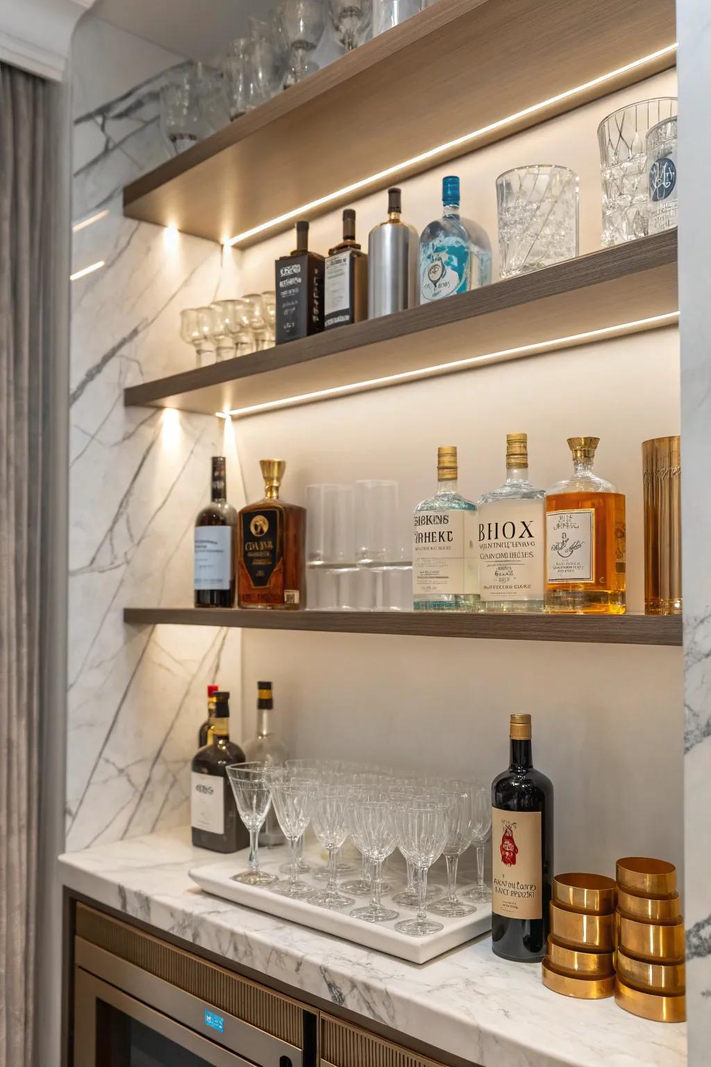 Marble shelves bring a luxurious vibe to your bar.