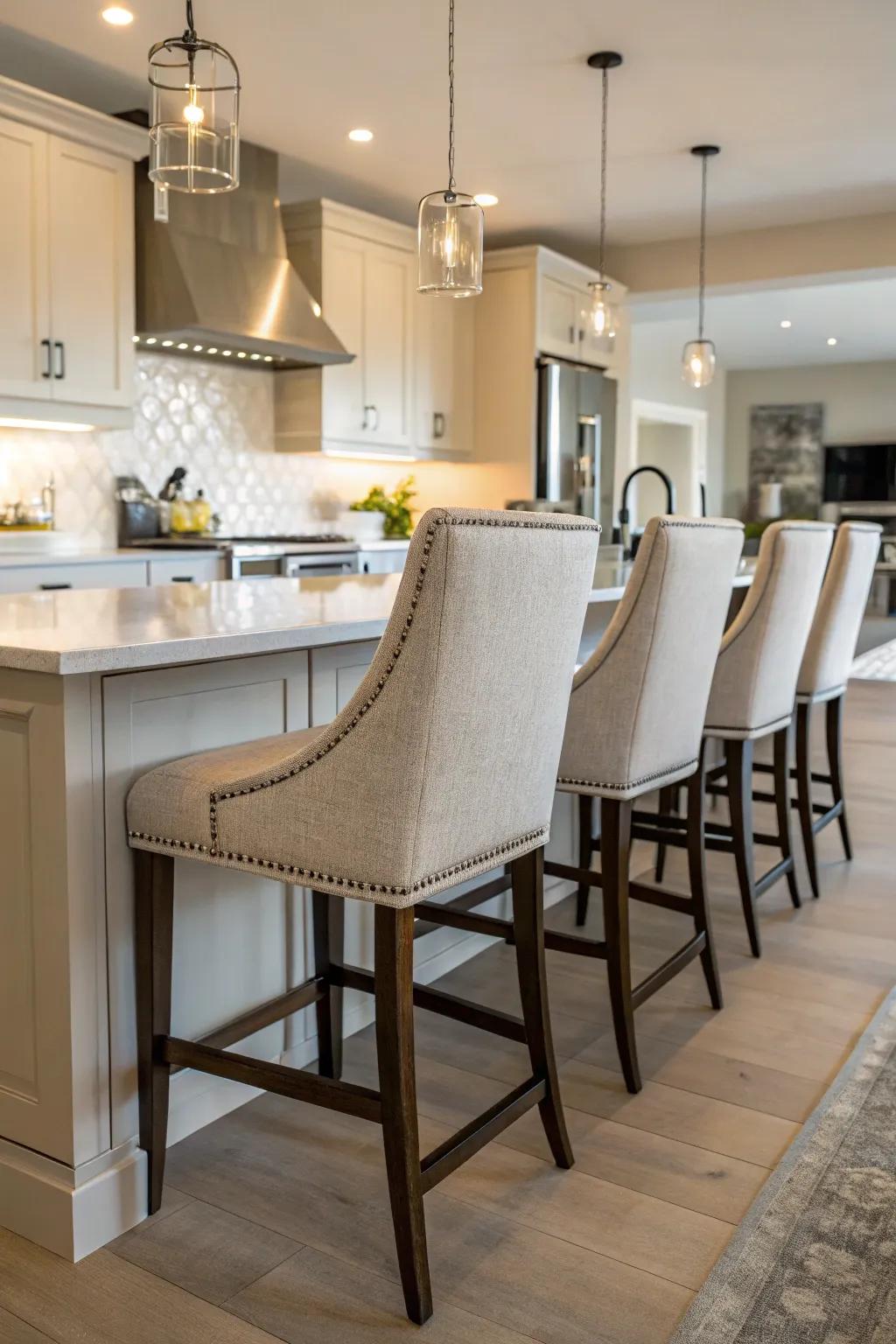 Neutral-toned bar stools for a harmonious kitchen.