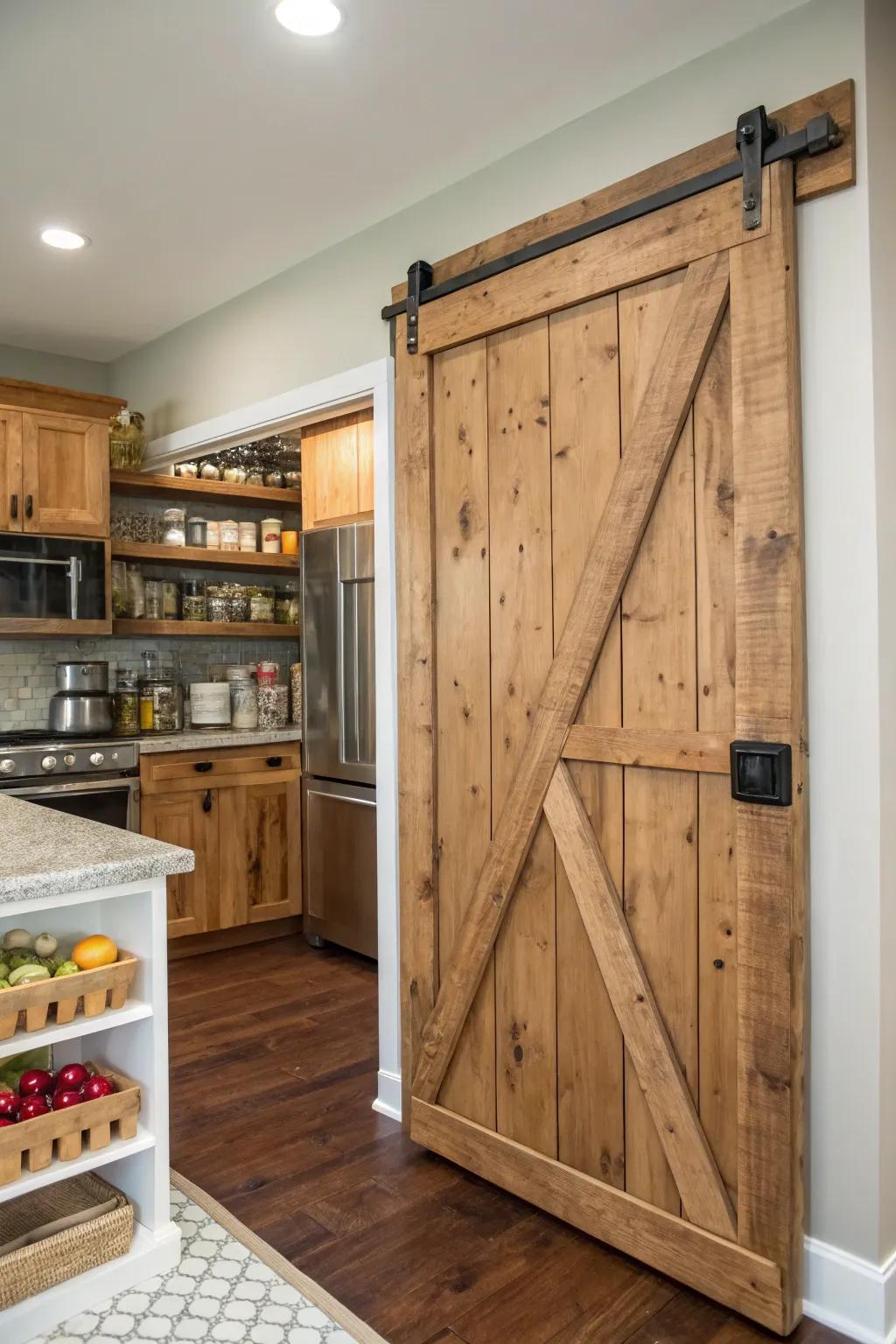 A kitchen with a DIY sliding barn door pantry made from reclaimed wood.