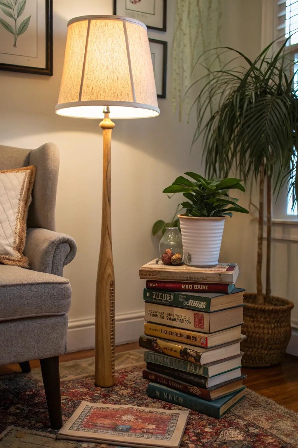 A baseball bat adds charm to a lamp base.