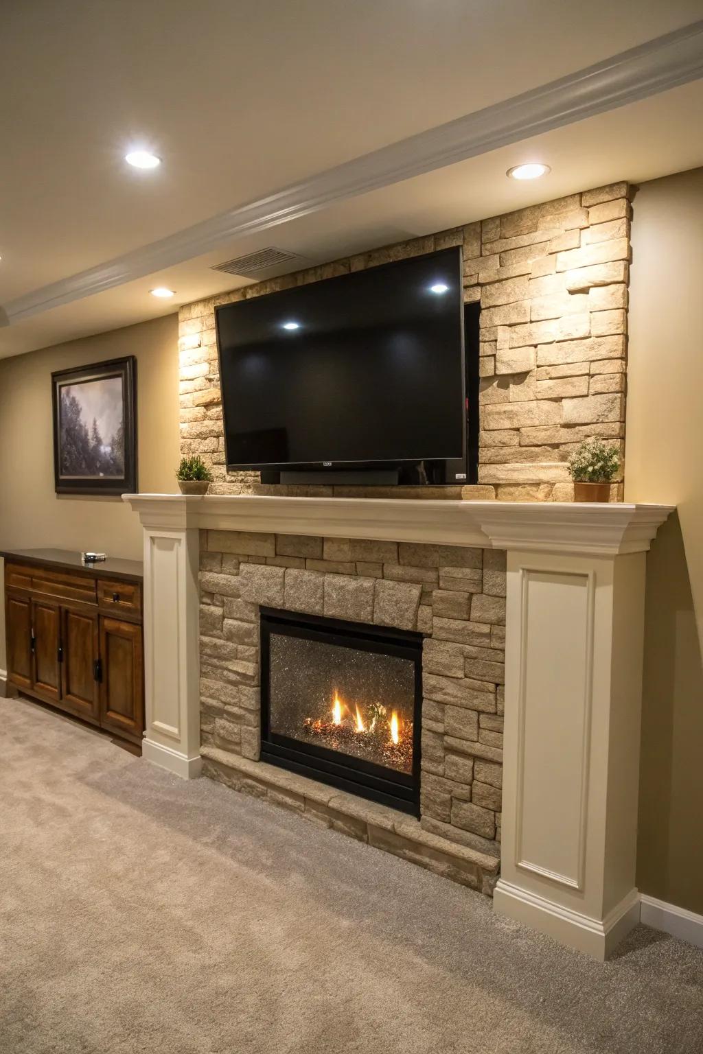 A basement TV wall with a faux fireplace, adding warmth and ambiance to the entertainment space.