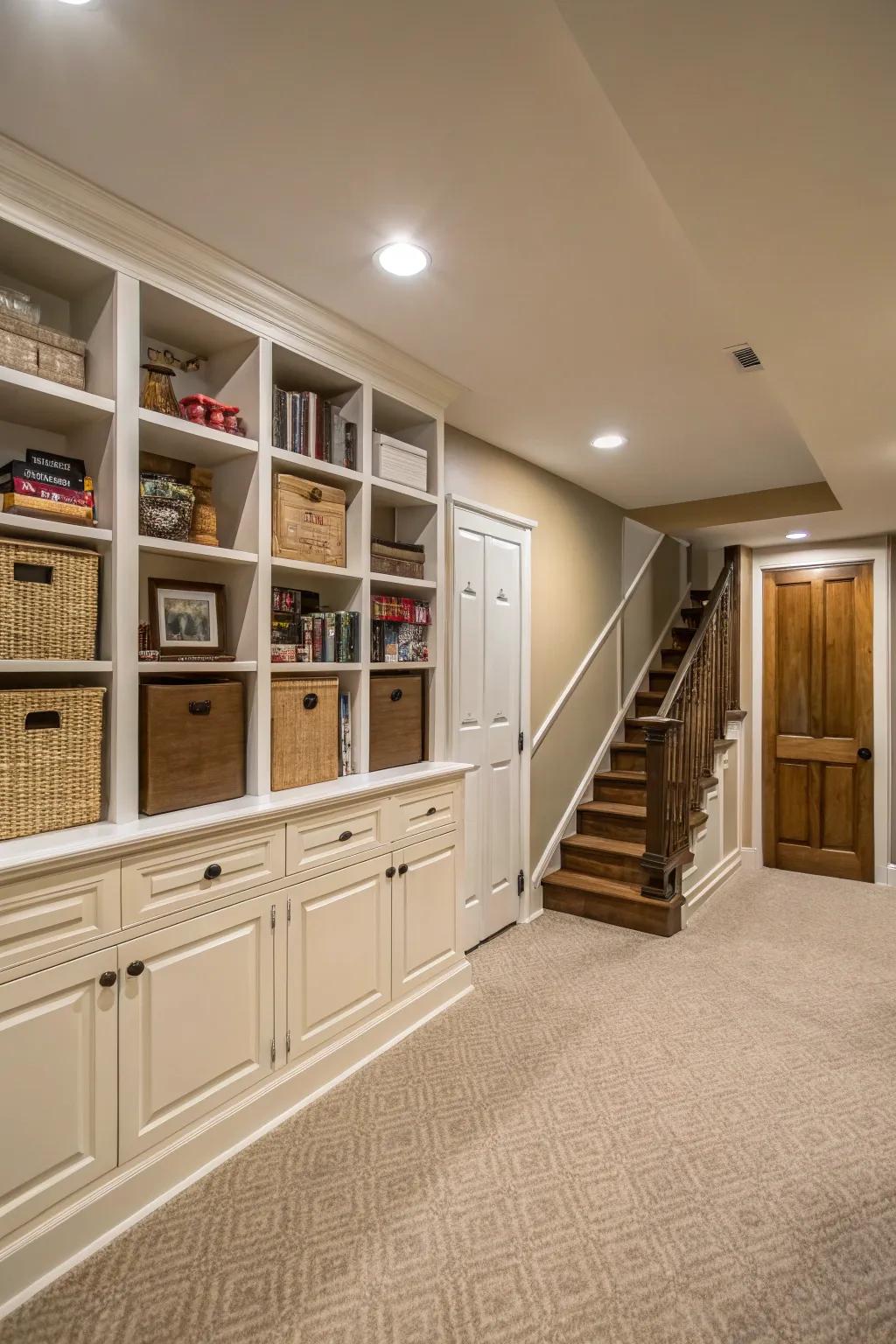 Multi-functional designs keep basements organized.