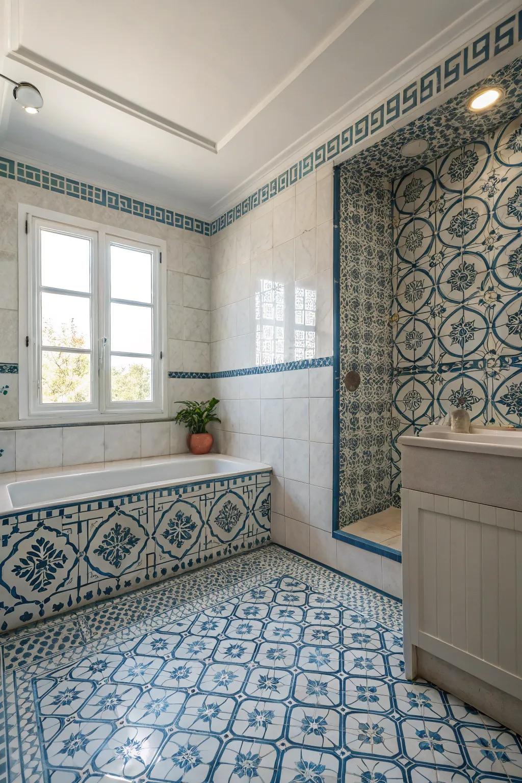 Patterned tile layouts create captivating bathroom spaces.