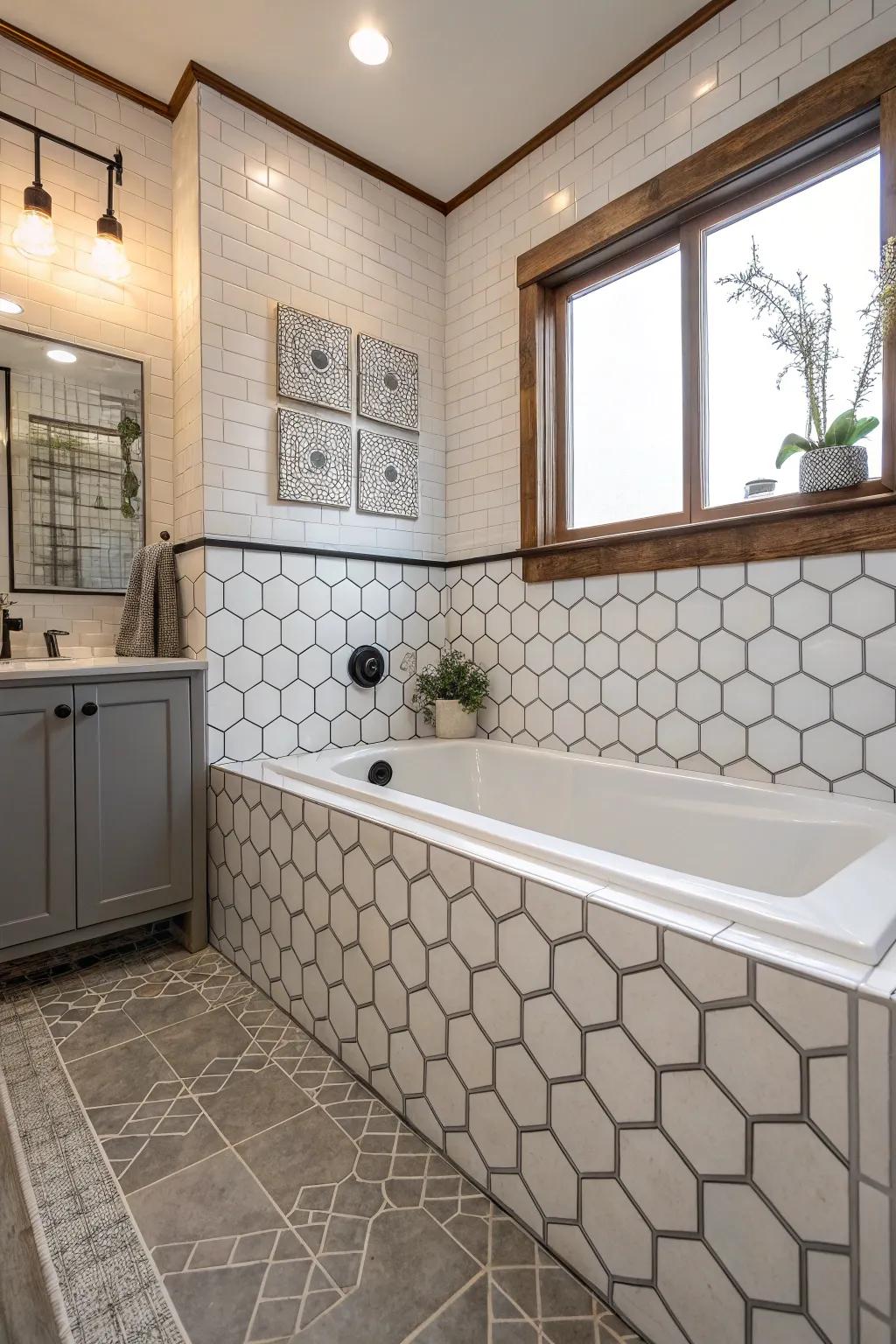 Hexagonal tiles add a chic touch to this bathtub area.