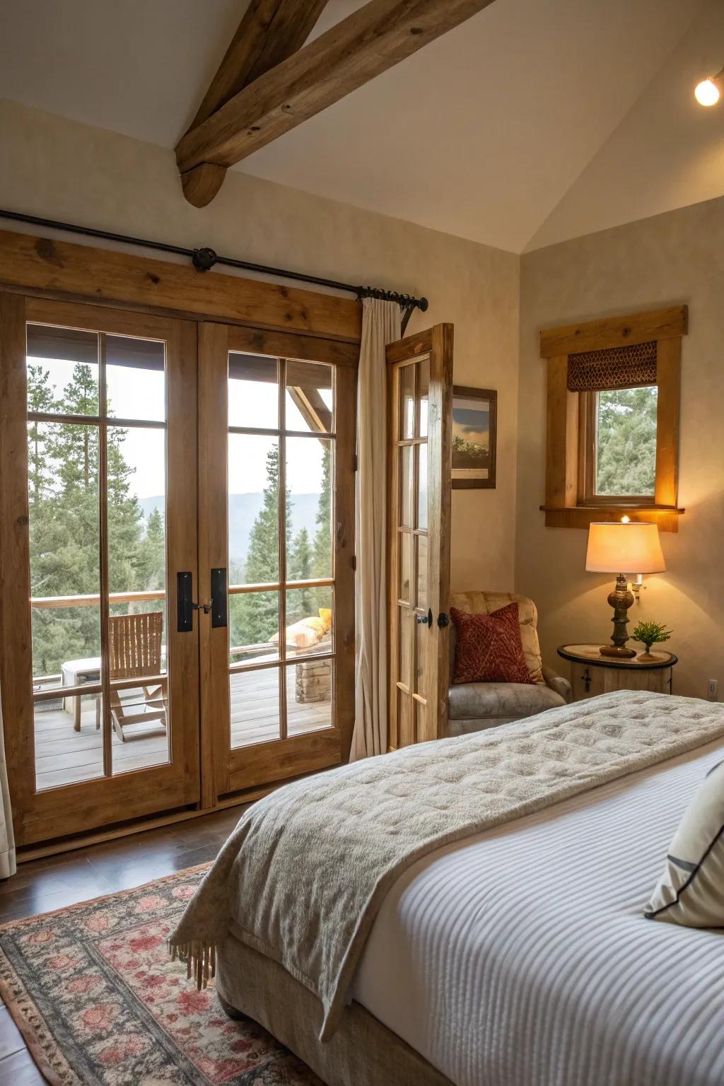 Natural wood frames impart warmth and individuality to the space.
