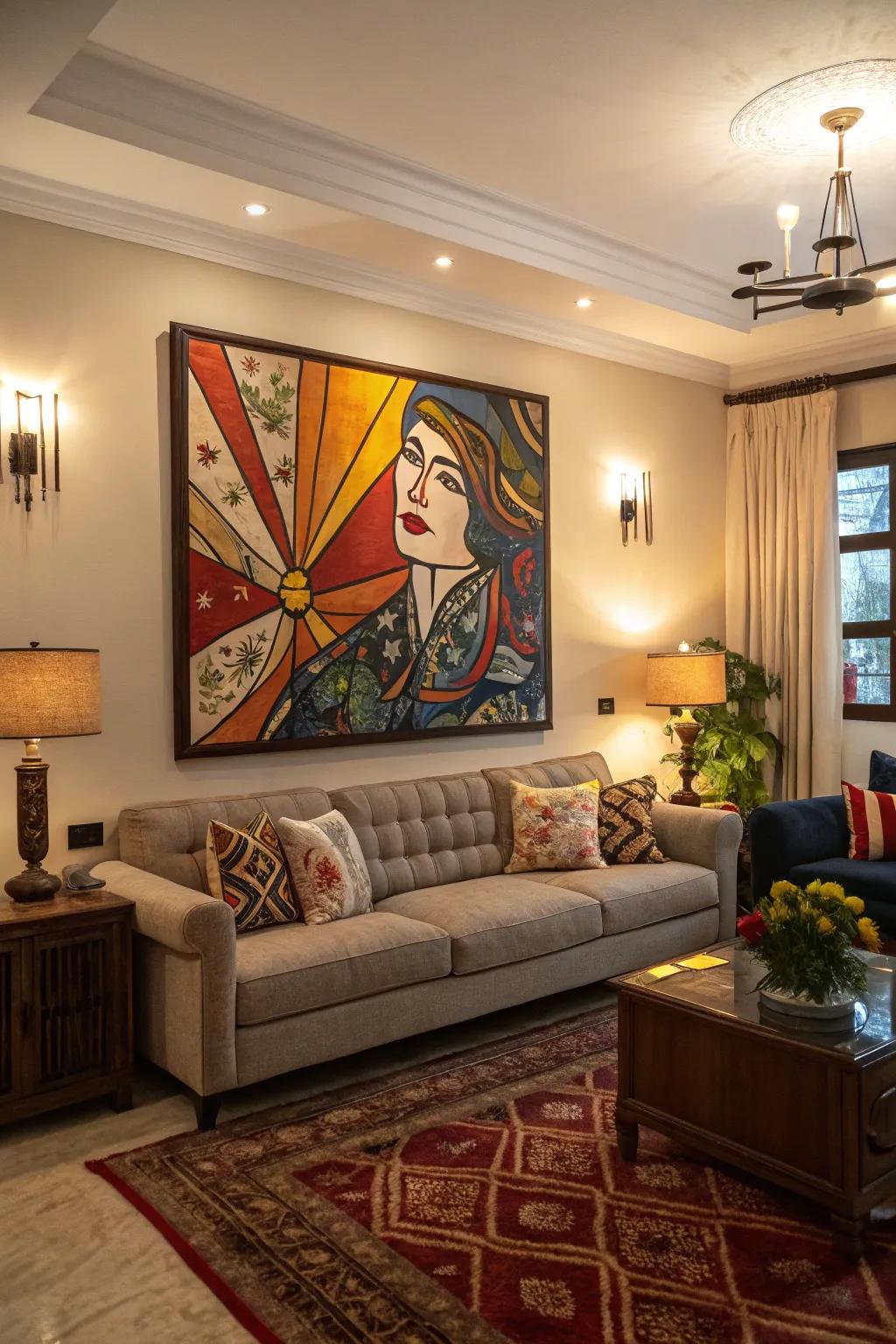 A large artwork can transform a wall into a statement piece.