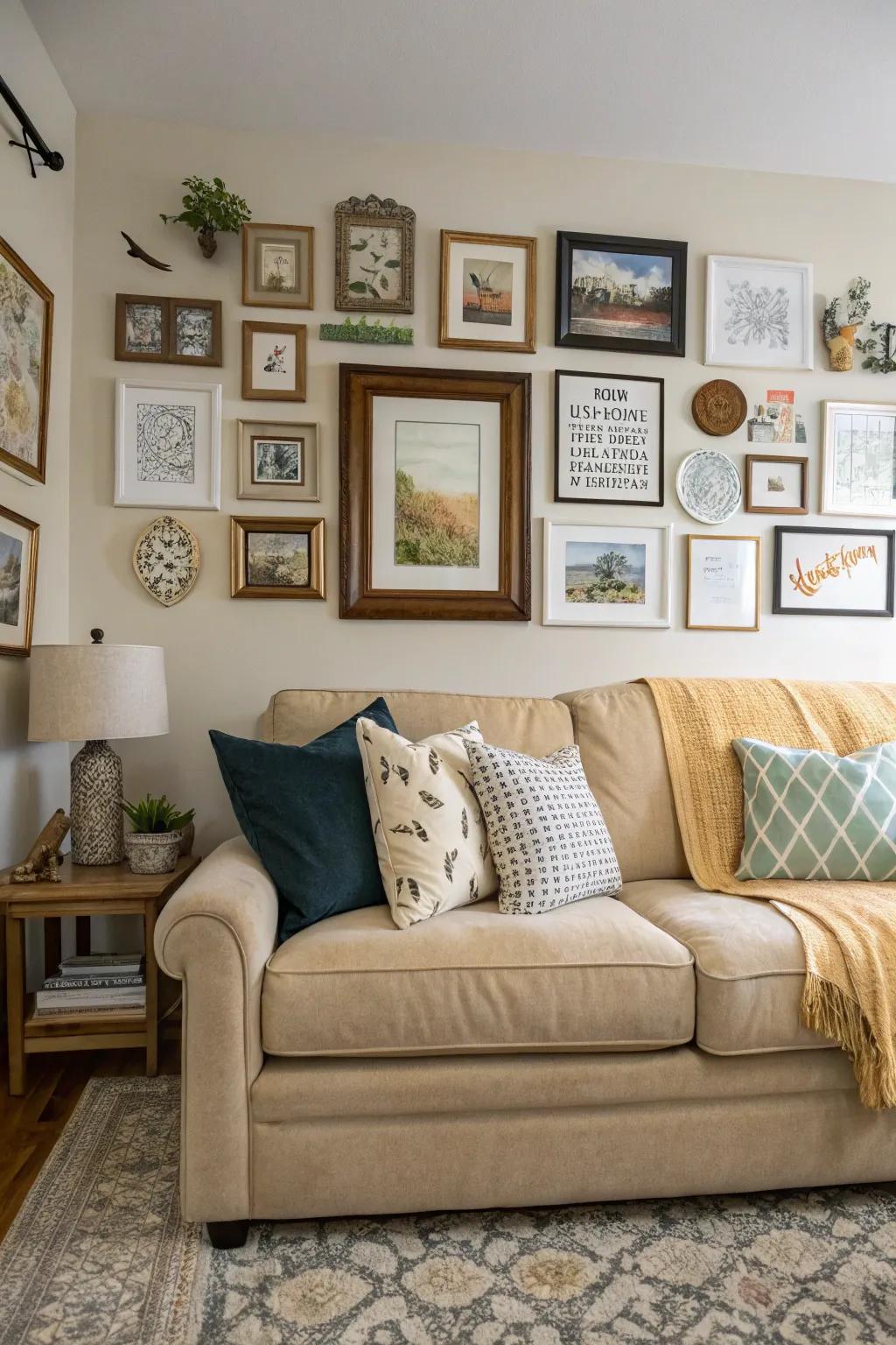 A creative gallery wall adds personality to a living room with a beige couch.