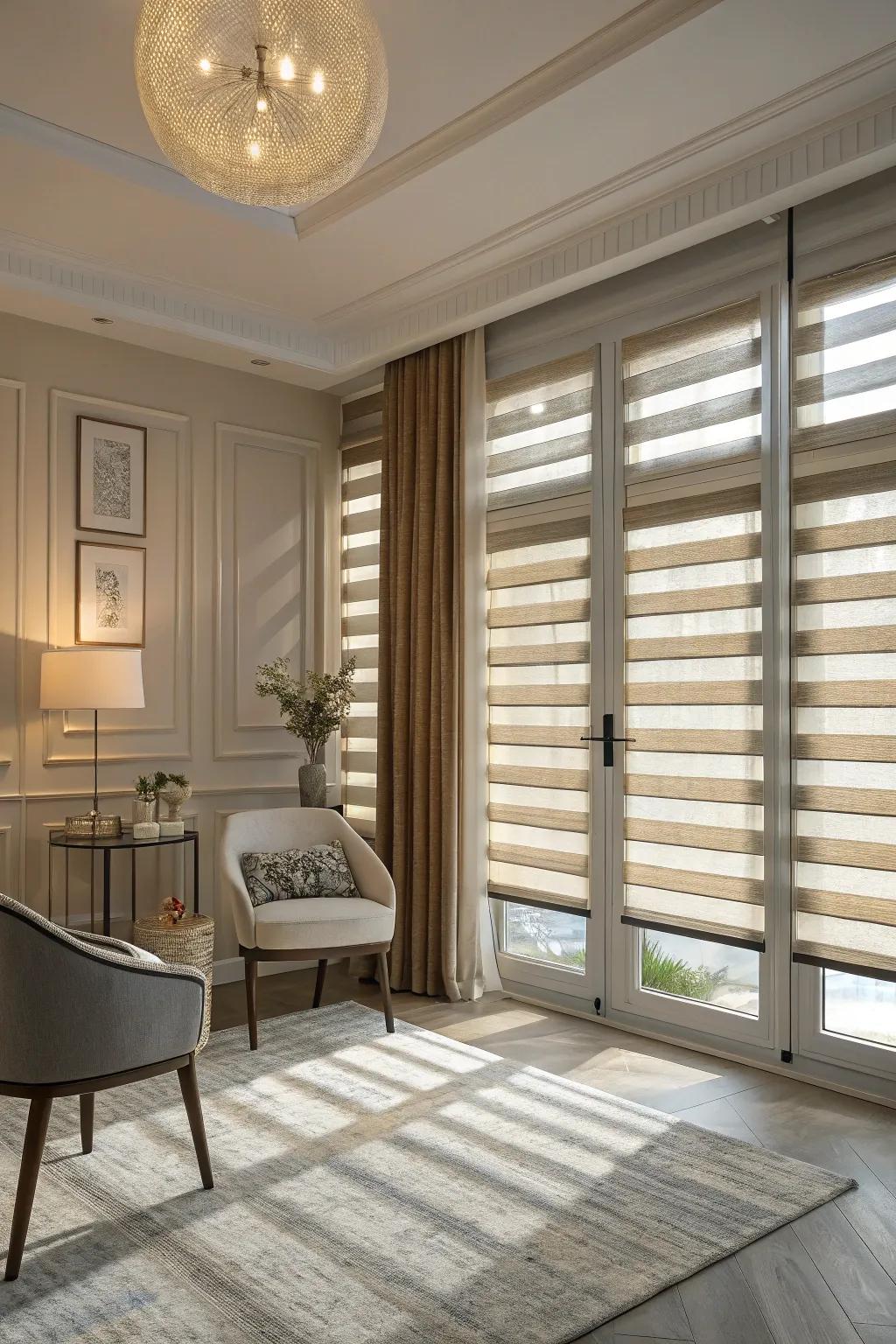 Double-layered blinds for adaptable light control.