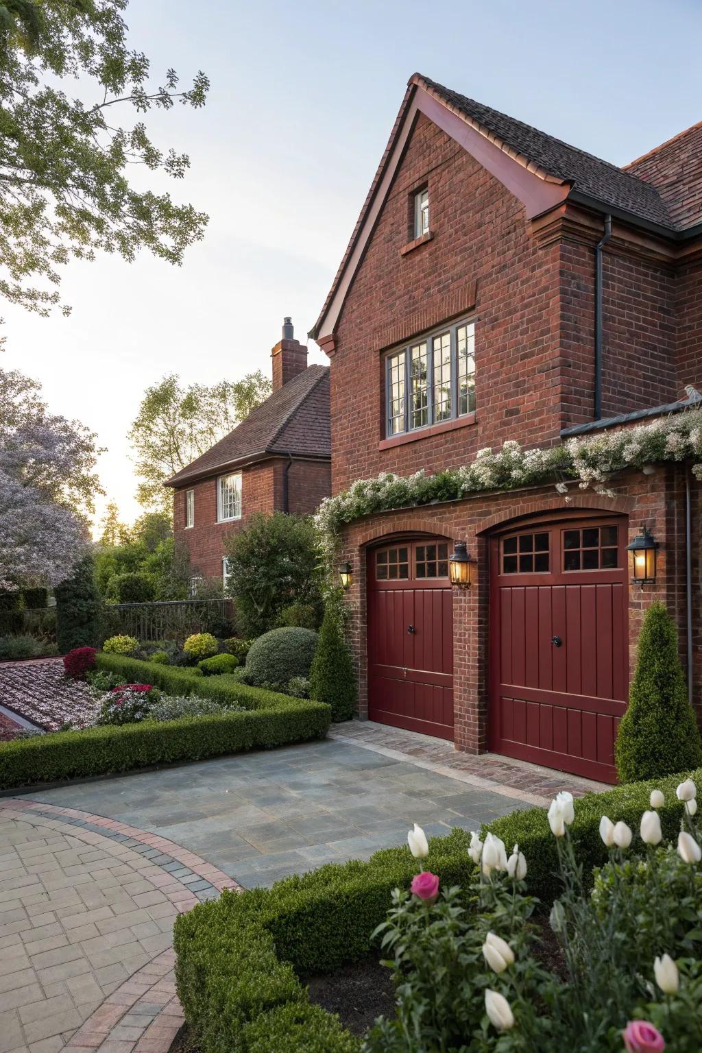 Burgundy garage doors add a dramatic flair to red brick homes.