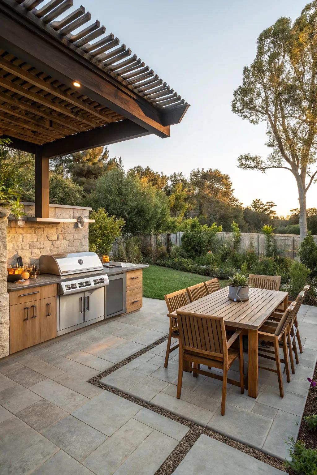 An outdoor kitchen and dining area for shared culinary experiences.