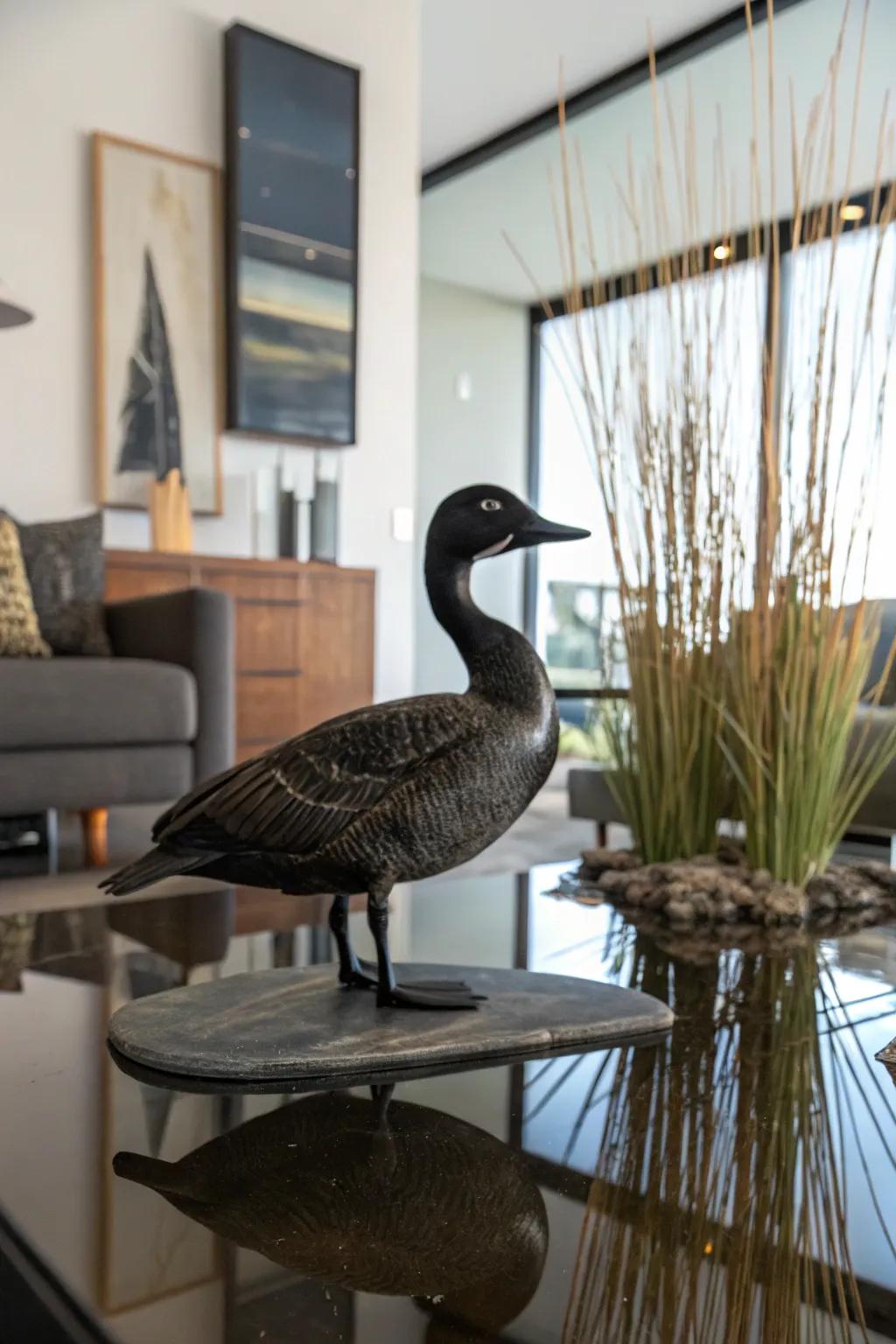 A black duck mount creating a lifelike water scene illusion.