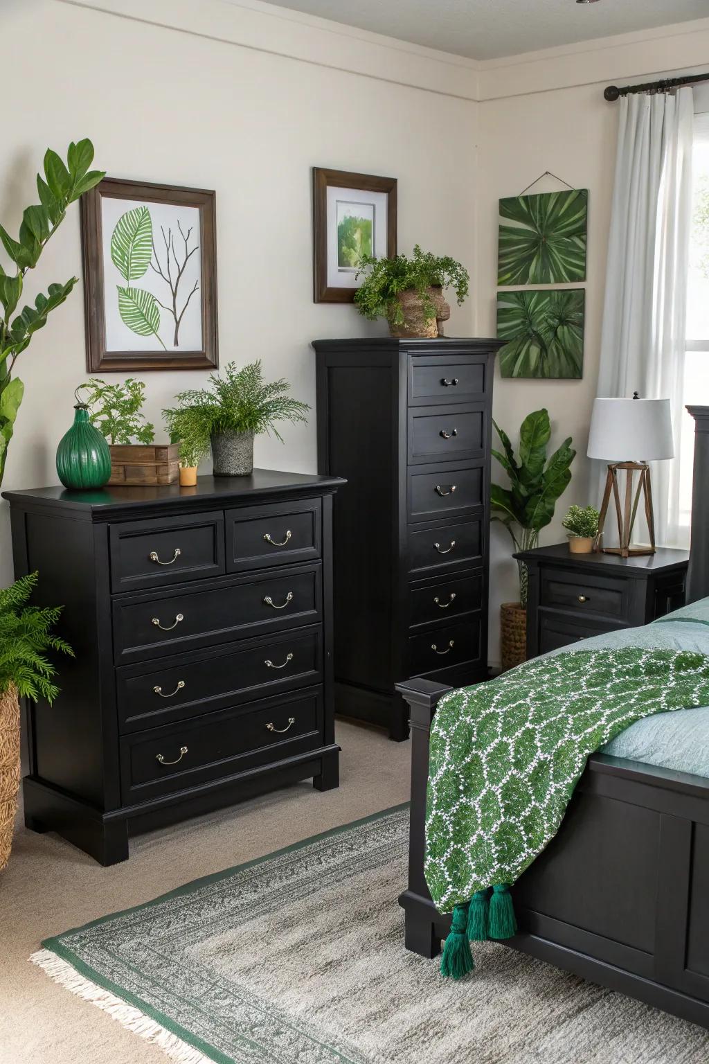 Bold black furniture creating a modern contrast with green decor.