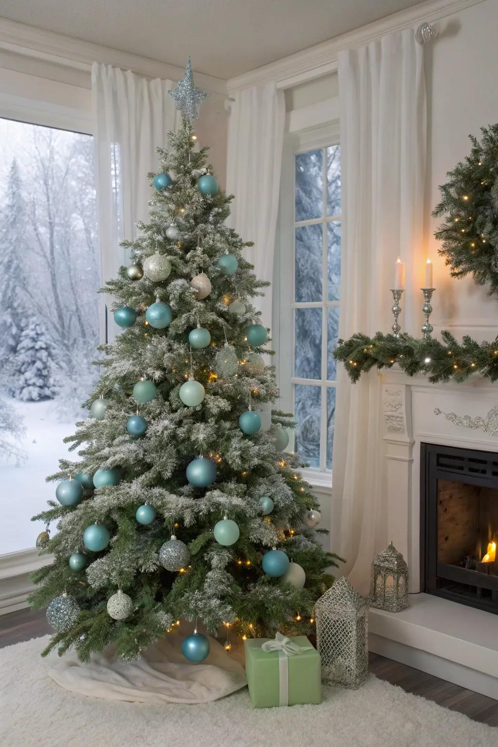 An icy blue and frosted green Christmas tree that brings a winter wonderland indoors.