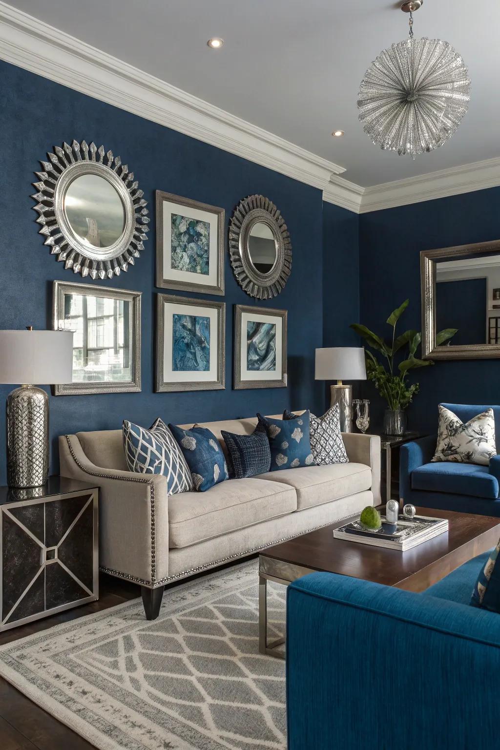 A deep blue accent wall paired with silver mirrors creates depth and drama.