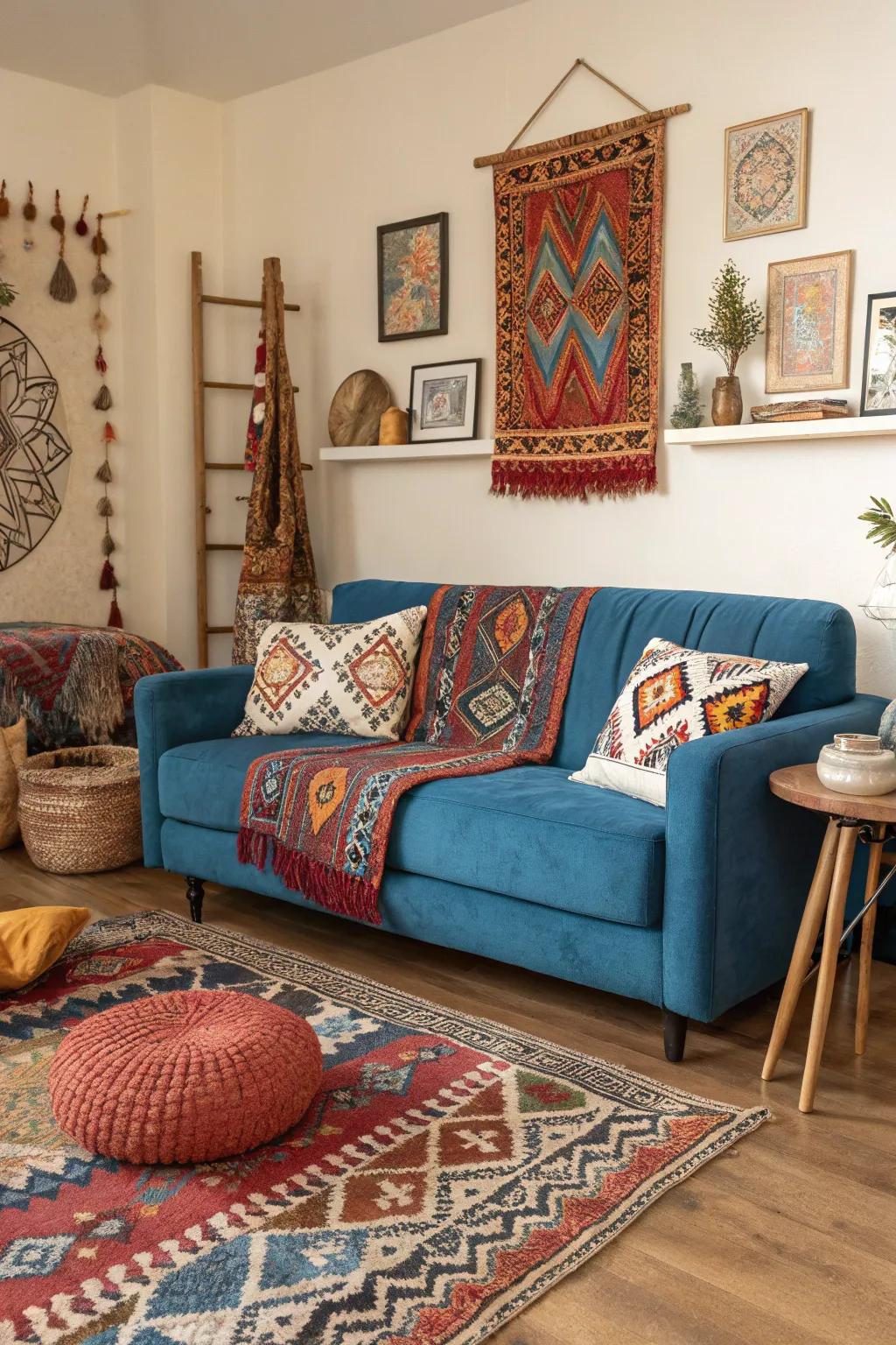 Eclectic patterns bring personality to a blue sofa setting.