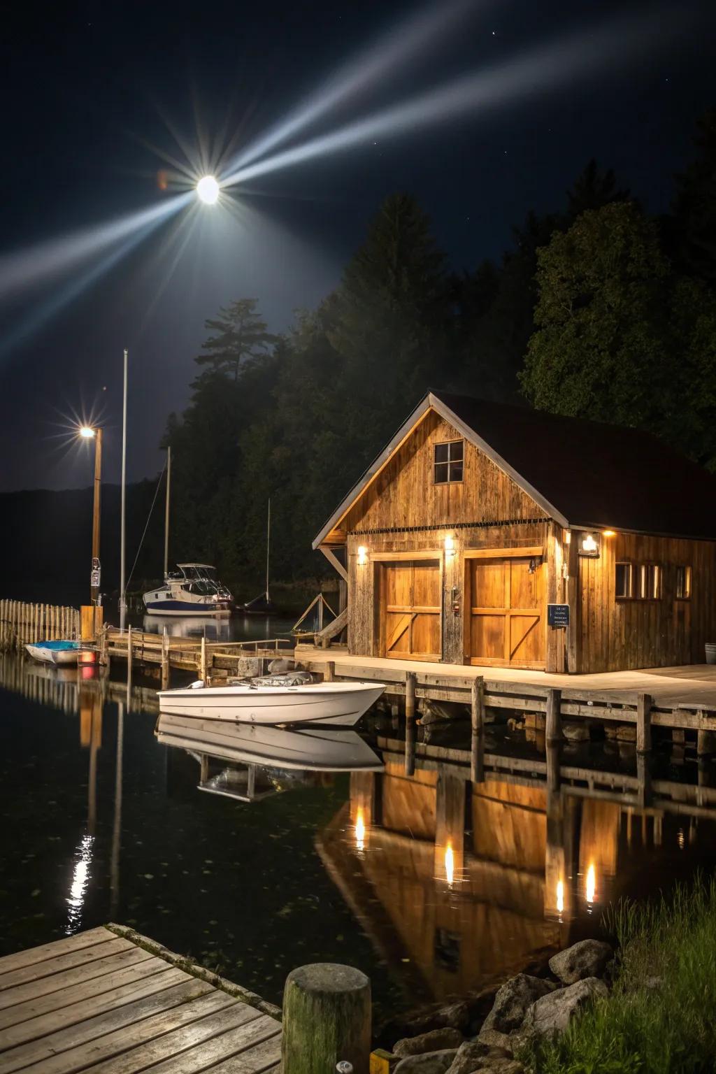 Spotlights and floodlights illuminate the boat house and dock, creating a bold visual impact.