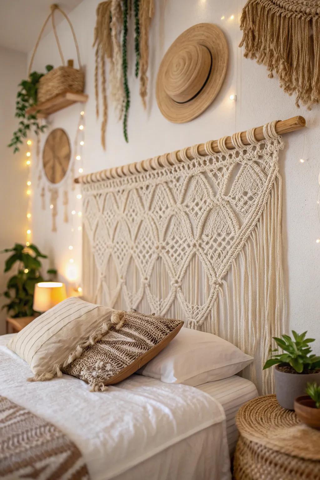 Macramé delivers an artisanal touch to this comfortable boho bedroom.