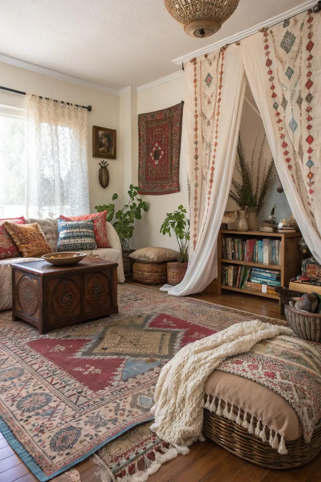 Layered textiles create a tapestry of comfort.