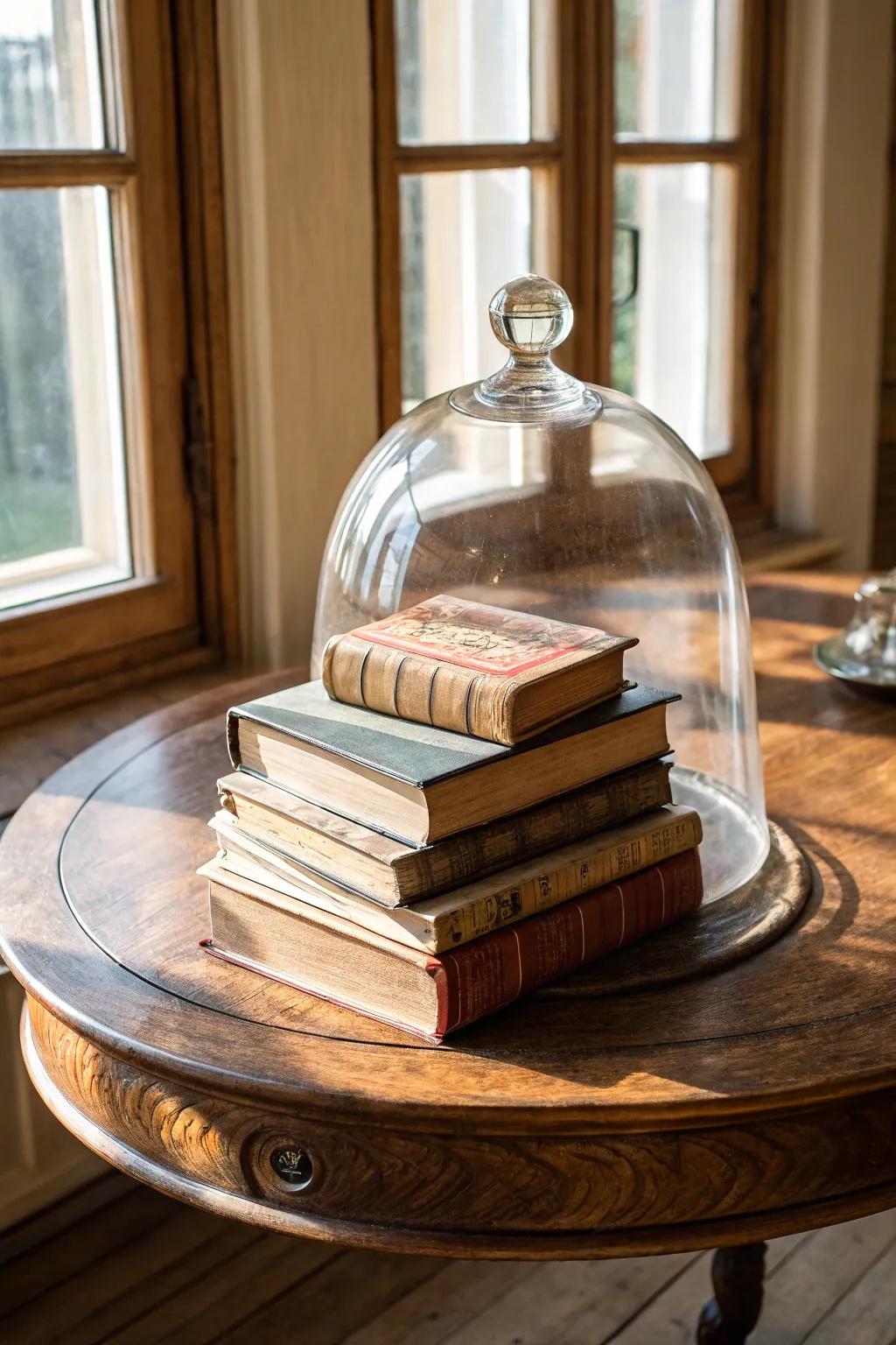 Sophisticated elegance with books encased in a glass dome.