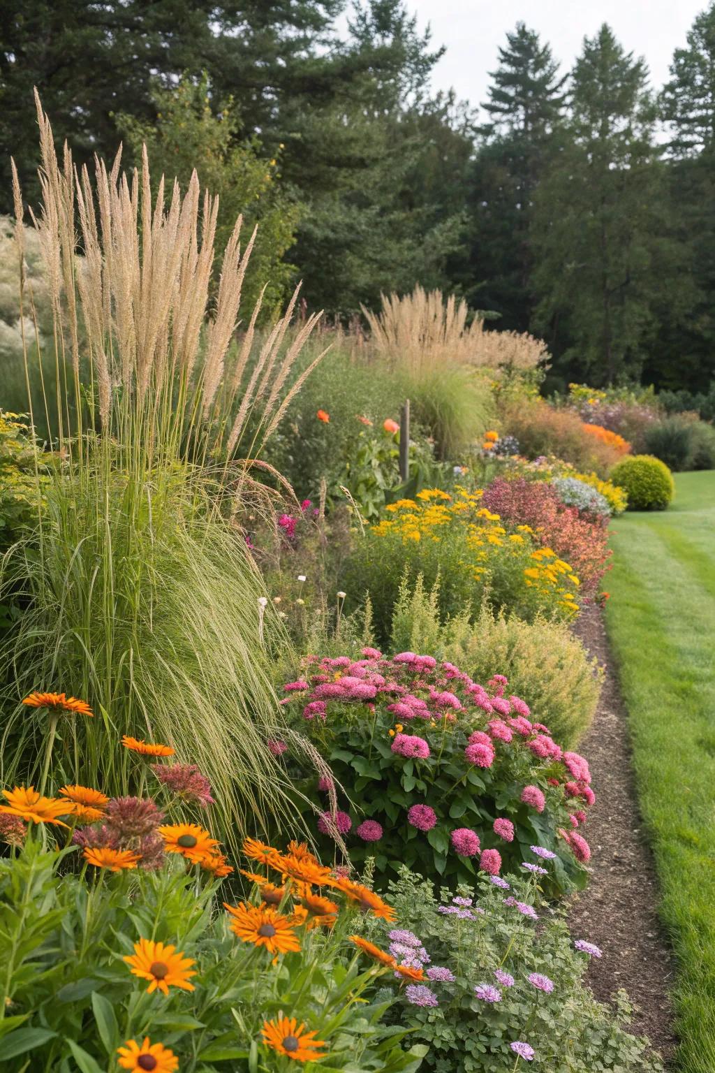 Ornamental grasses paired with colorful perennials for dynamic interest.