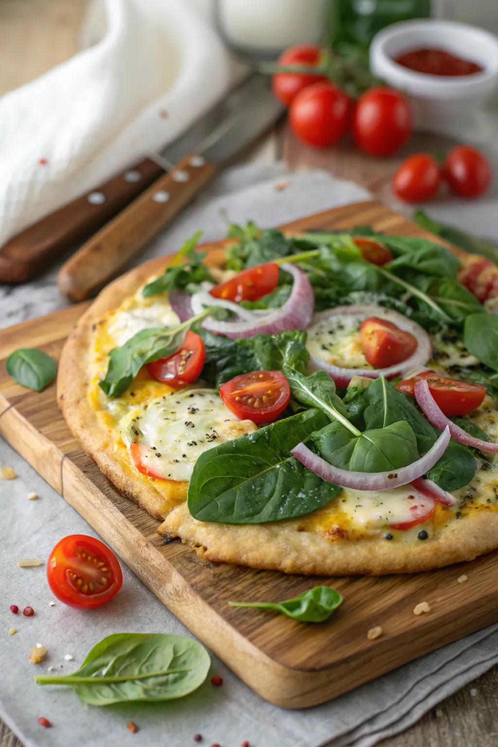 A savory breakfast pizza loaded with fresh vegetables makes for a unique start.