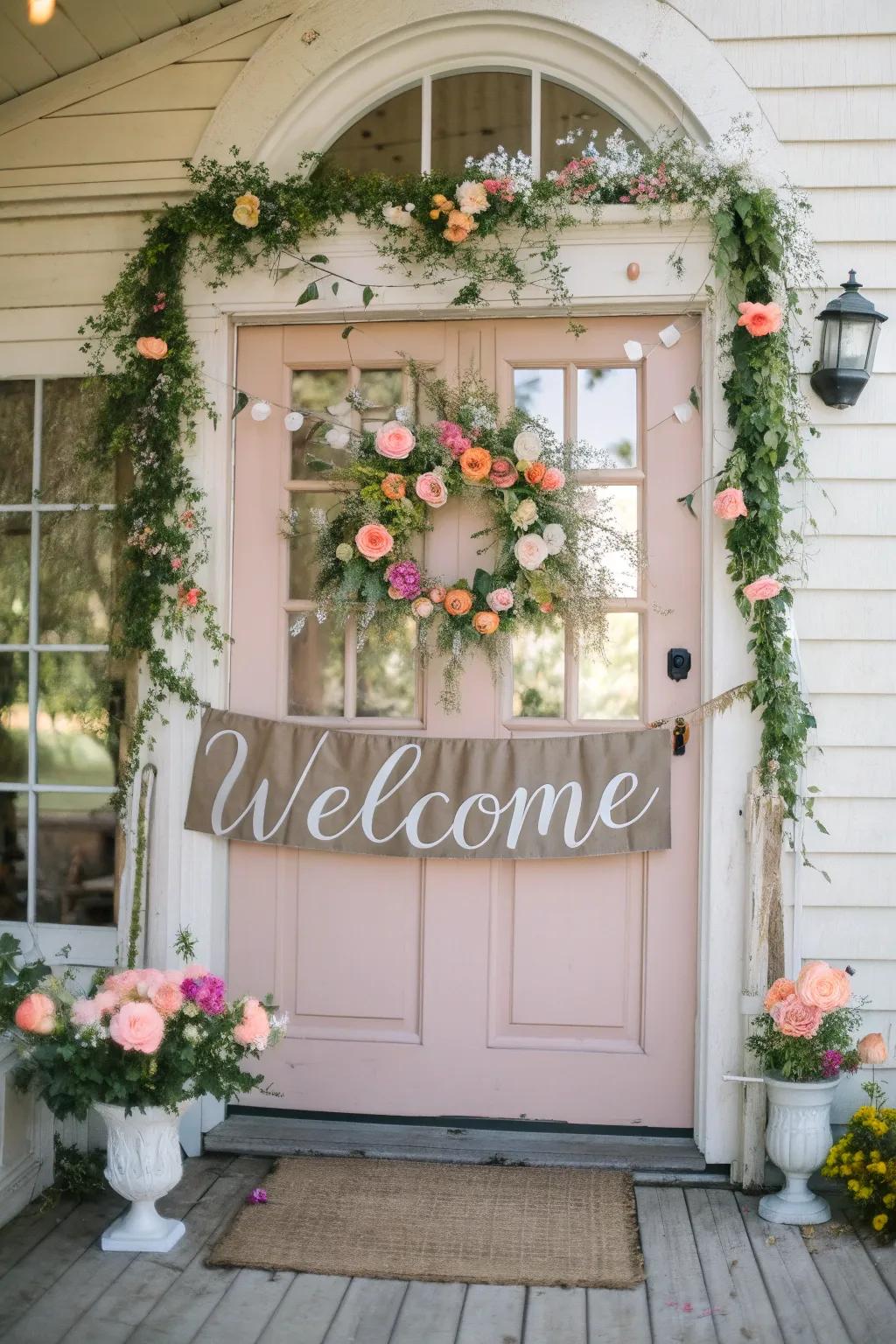 A creatively transformed vintage door welcomes guests with both grace and character.