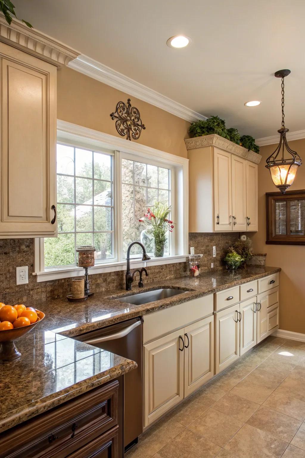 Beige walls offer a timeless balance with brown granite.