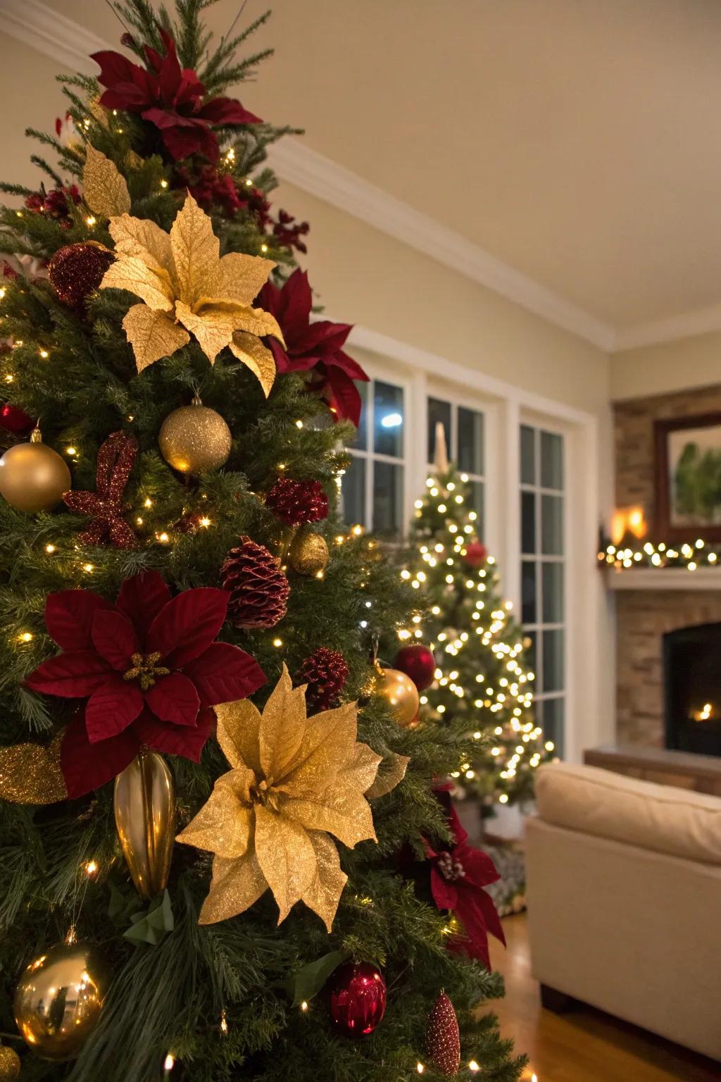 Floral components introduce a hint of nature to the tree.
