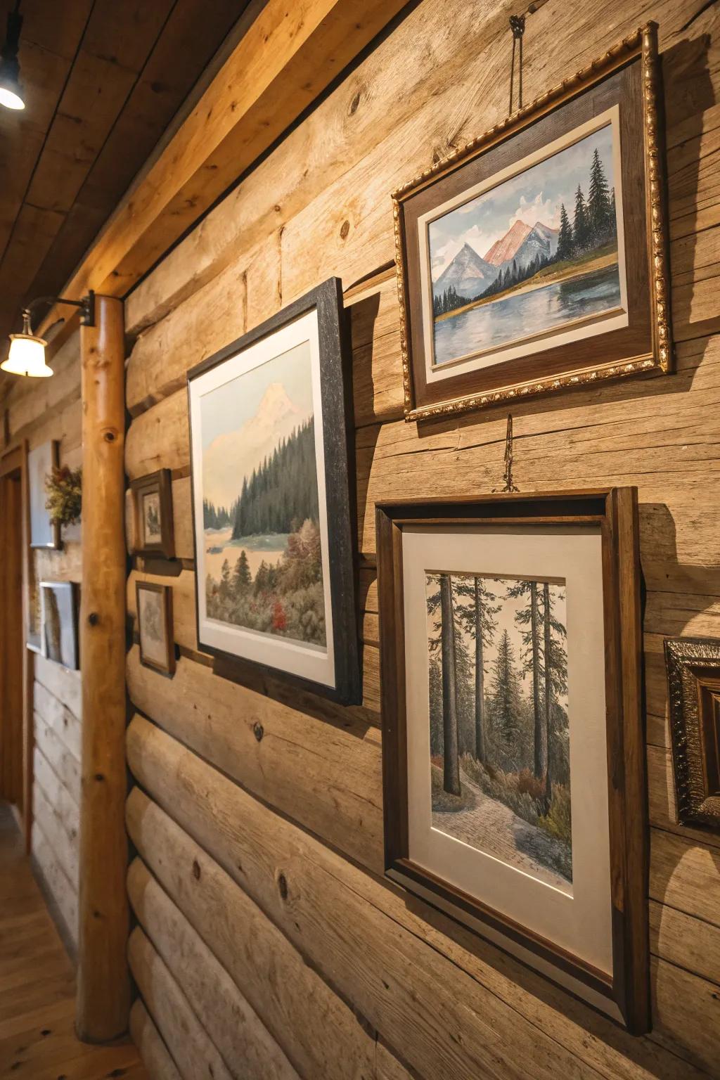 Art pieces in rustic frames adding a personal touch to the cabin.