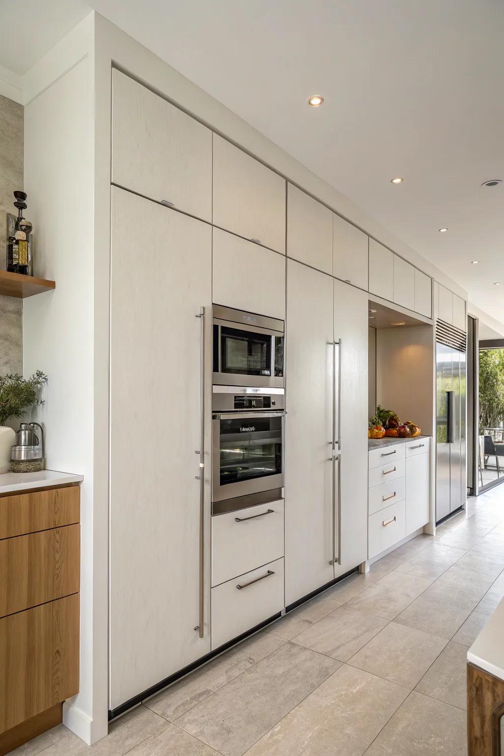 Oversized cabinet doors provide a sleek, tidy appearance.