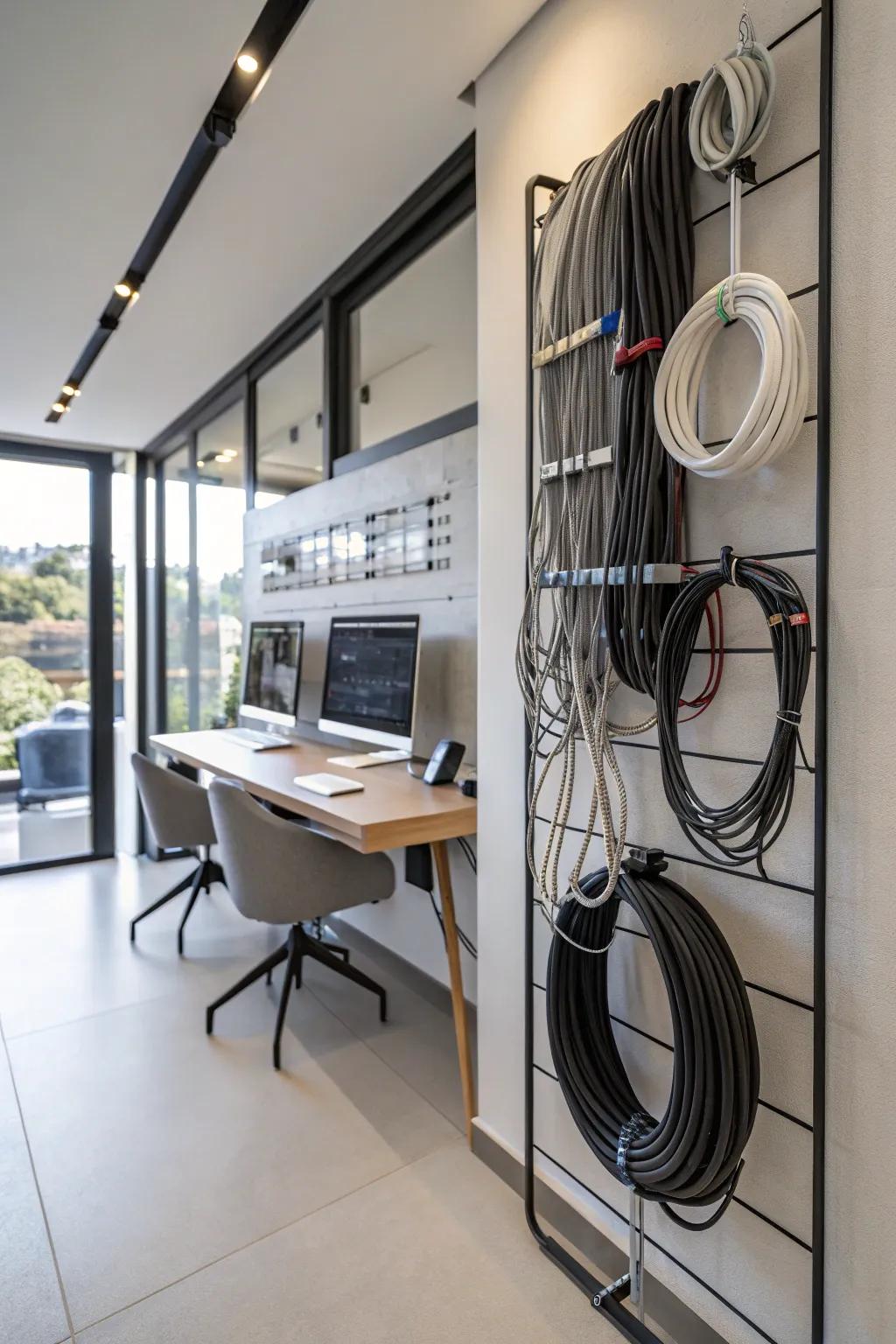 Wall-mounted cable rack for tidy storage.