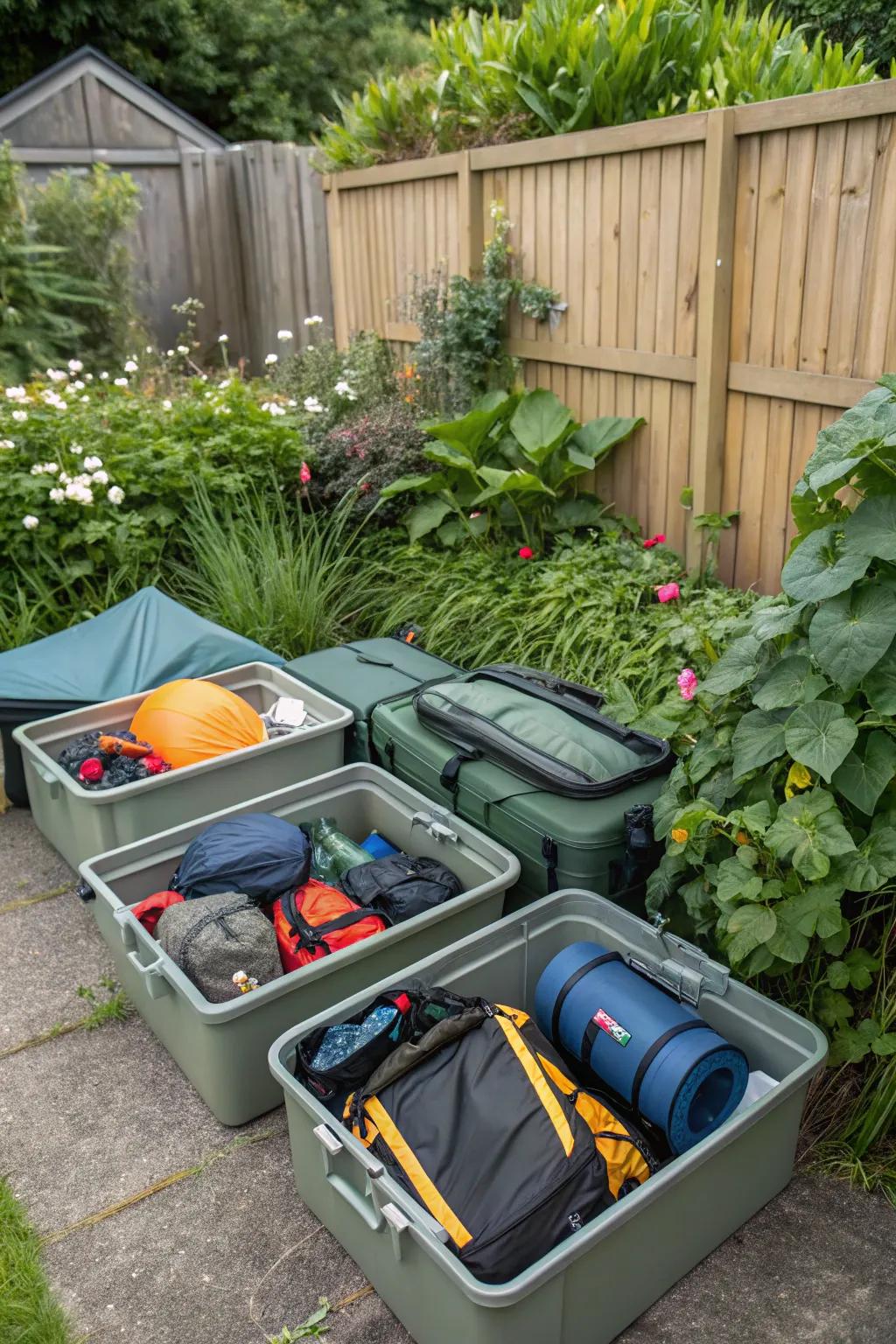 Weatherproof containers provide robust outdoor storage for camping gear.