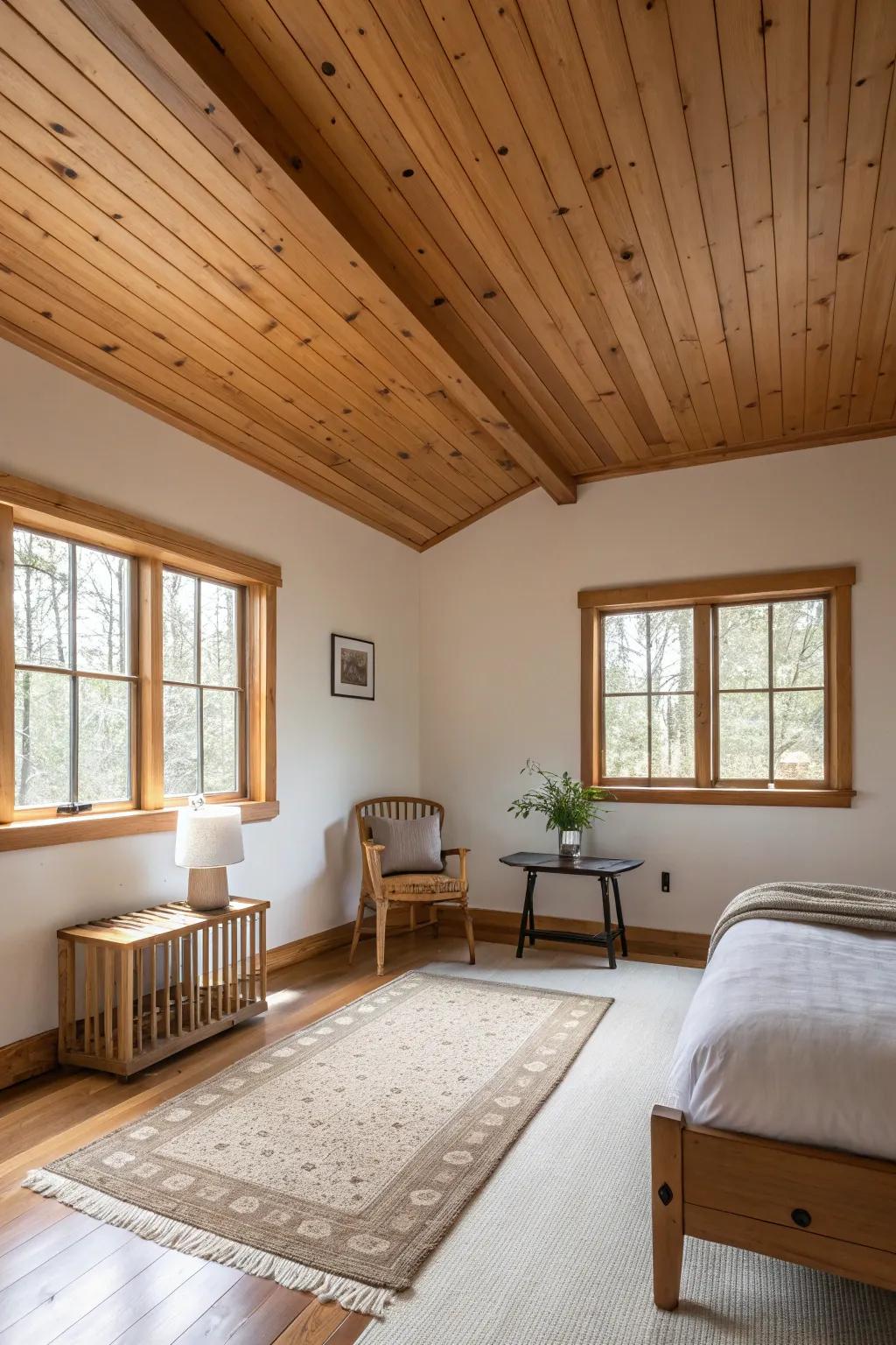 A minimalist room showcases an amber canopy ceiling, underscoring both simplicity and warmth.