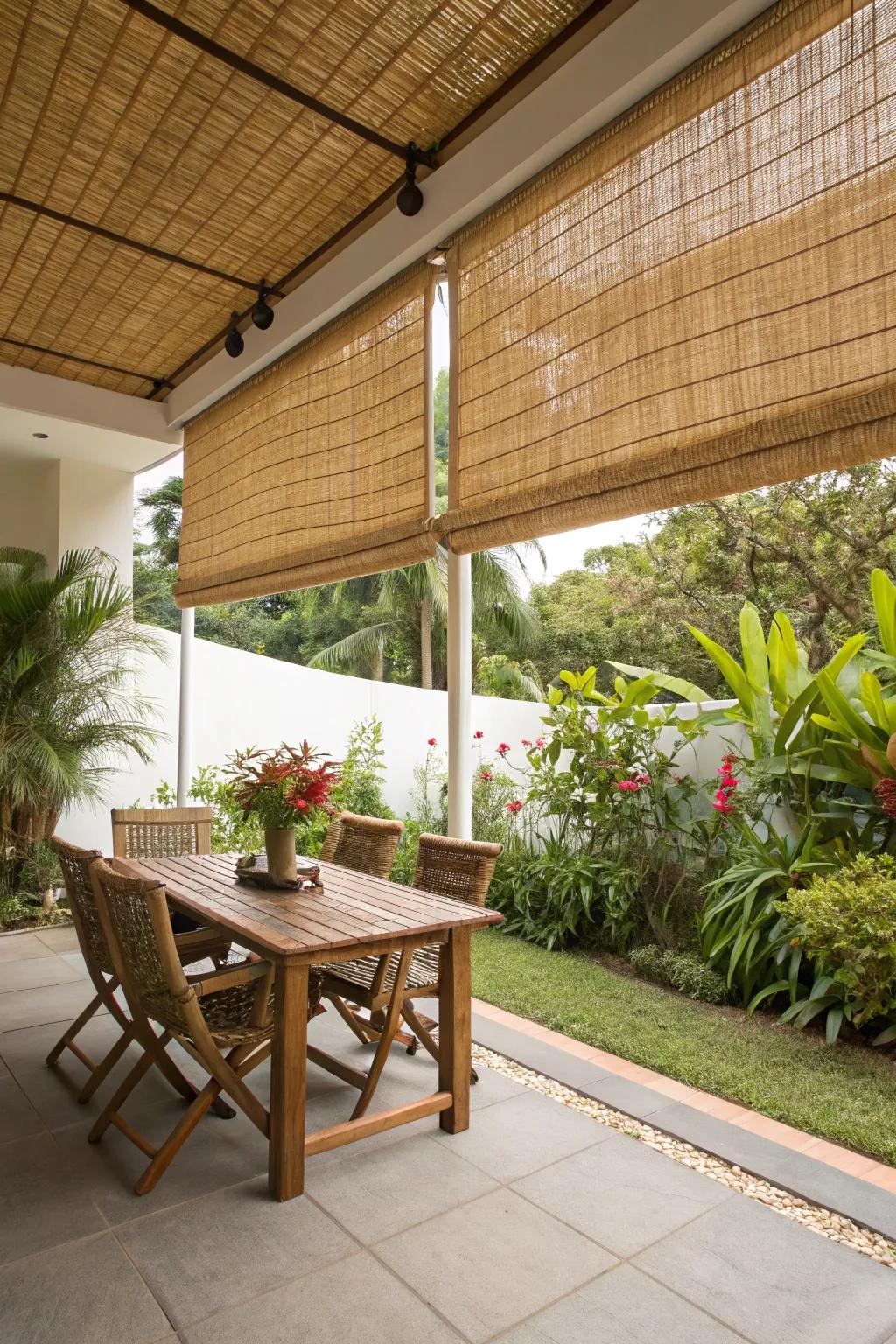 Bamboo blinds offer a flexible and tropical patio cover solution.