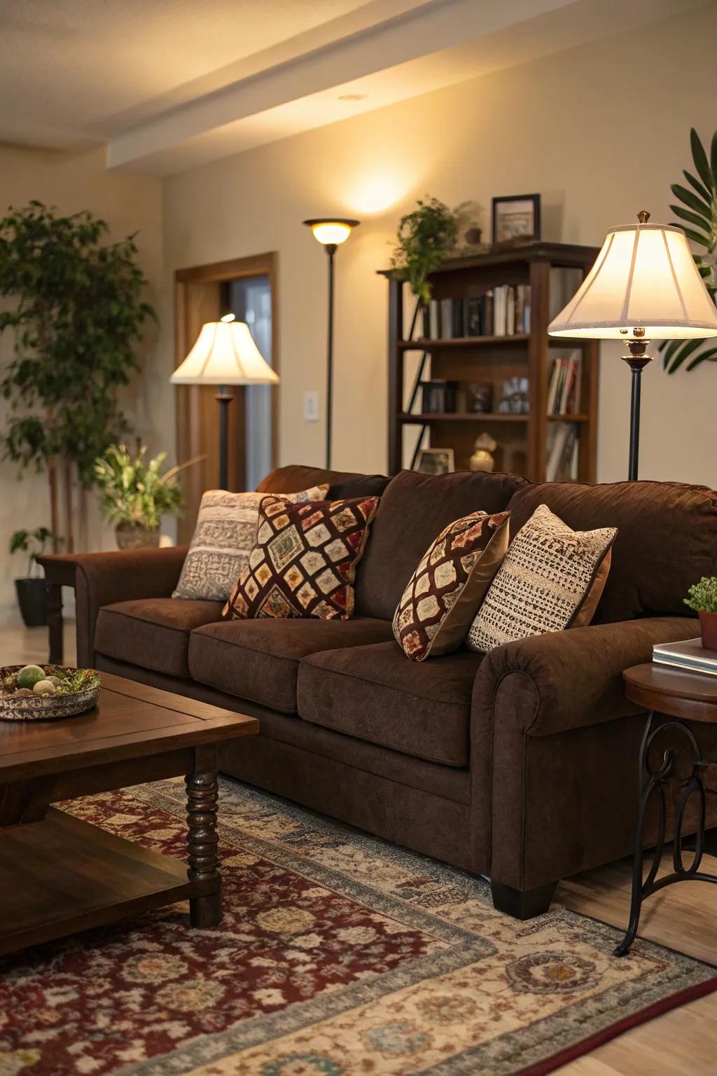 Ambient lighting enhances the cozy ambiance of a chocolate couch setting.