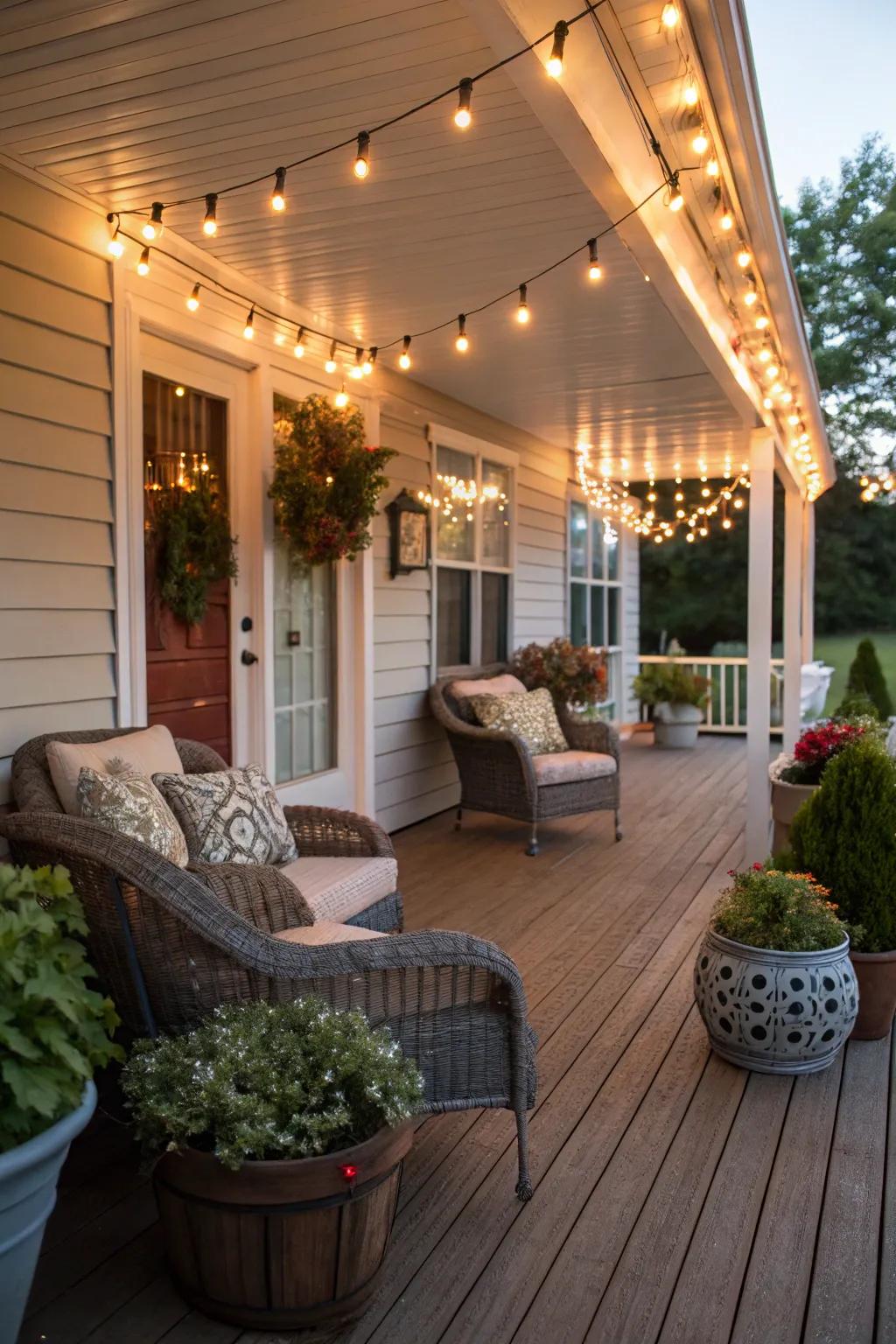 Twinkling lights wrapped around the porch for a festive glow.