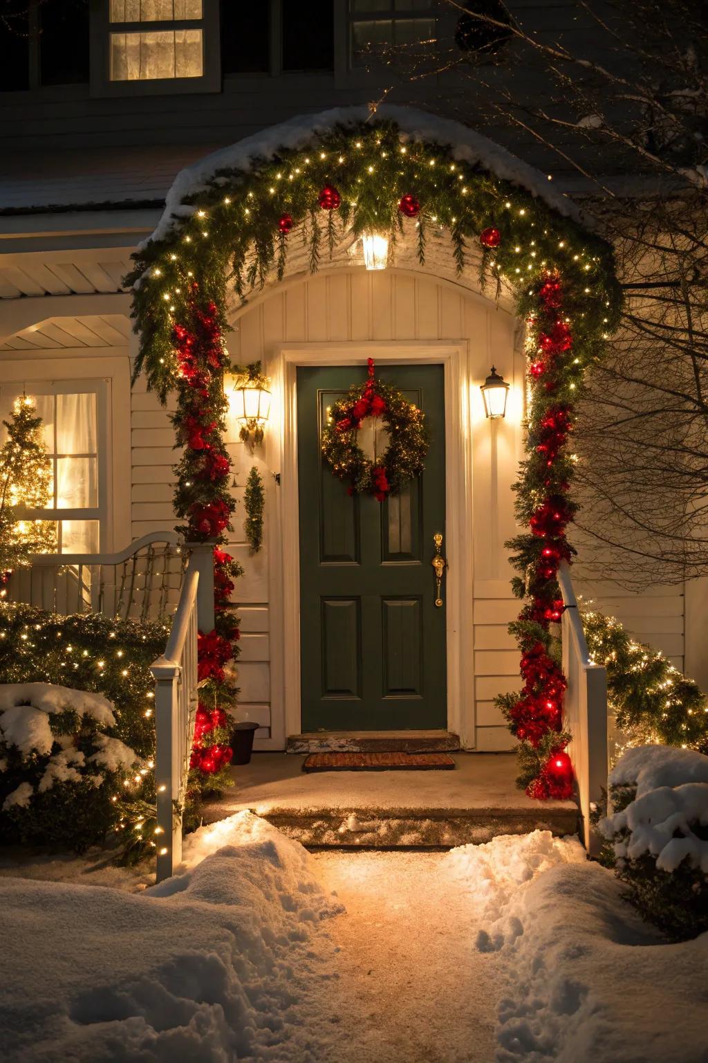 An inviting entryway embellished with Christmas lights and garlands.