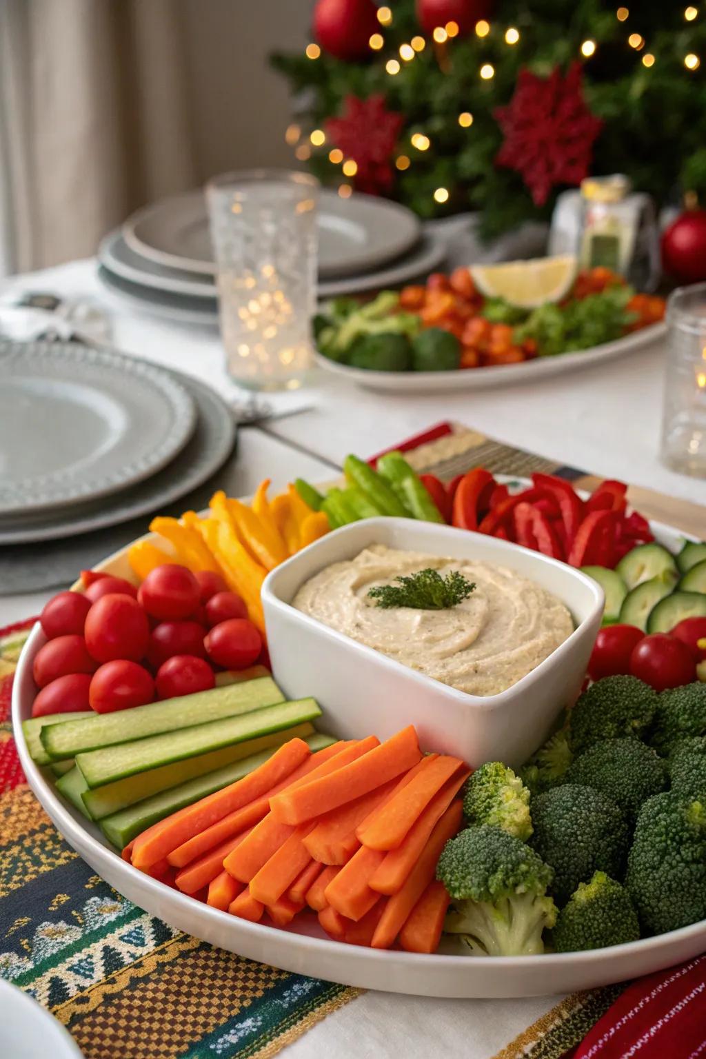 A veggie tray with a dip centerpiece that's perfect for grazing.