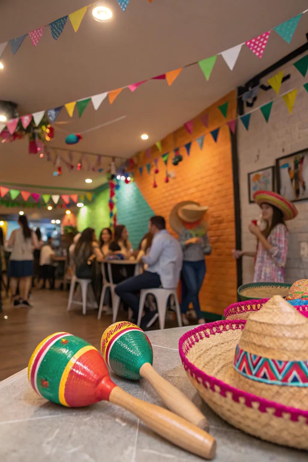 Maracas and sombreros add an authentic touch to Cinco de Mayo decor.