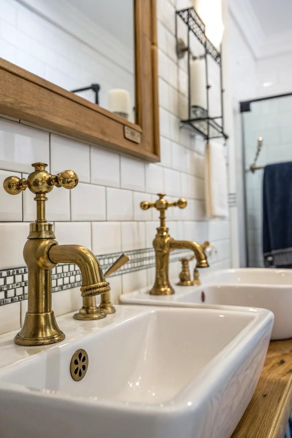 Vintage-style brass faucets add timeless appeal.