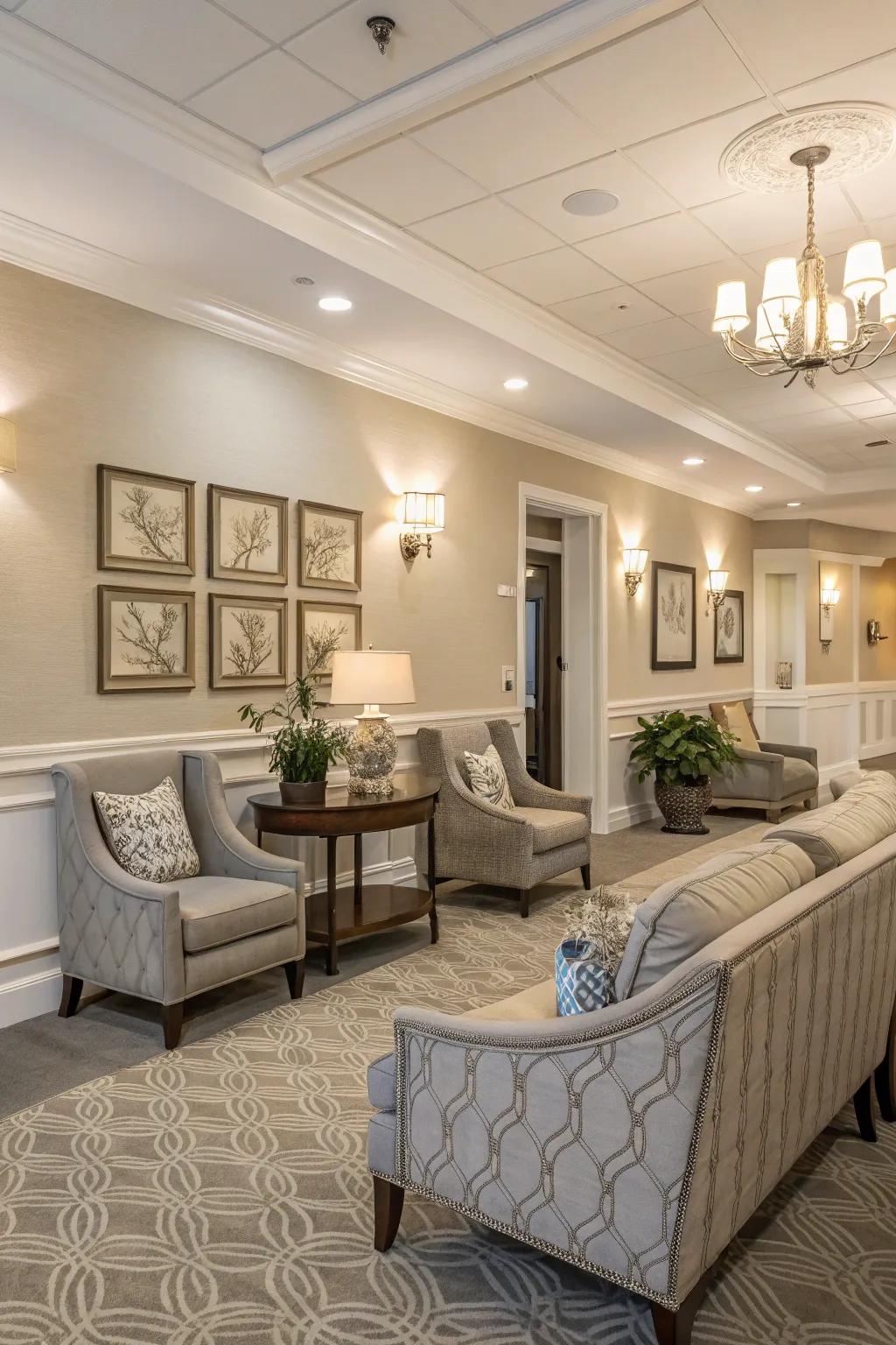 Neutral color palette providing a soothing backdrop in a clubhouse.