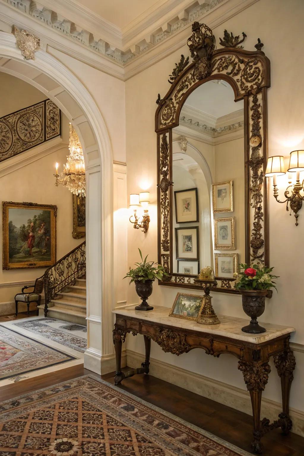 Ornate mirrors and classic art reflect light in this colonial entryway.