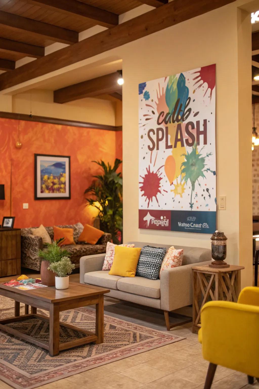 Paint splash design poster energizing a living area.