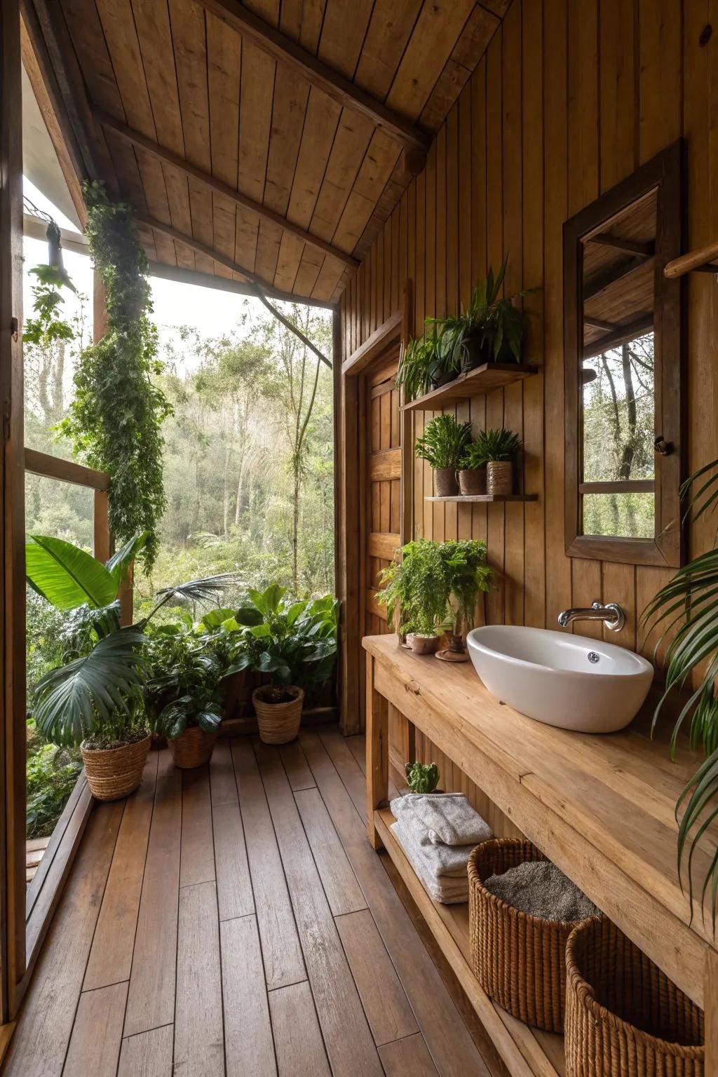 Bathroom featuring natural elements like wood and greenery.